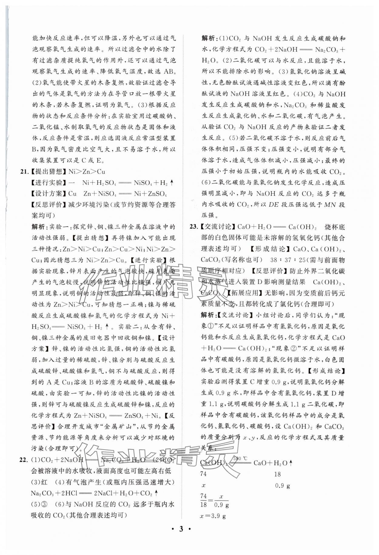 2024年初中总复习手册分层专题卷化学五四制烟台专版&nbsp;参考答案第3页