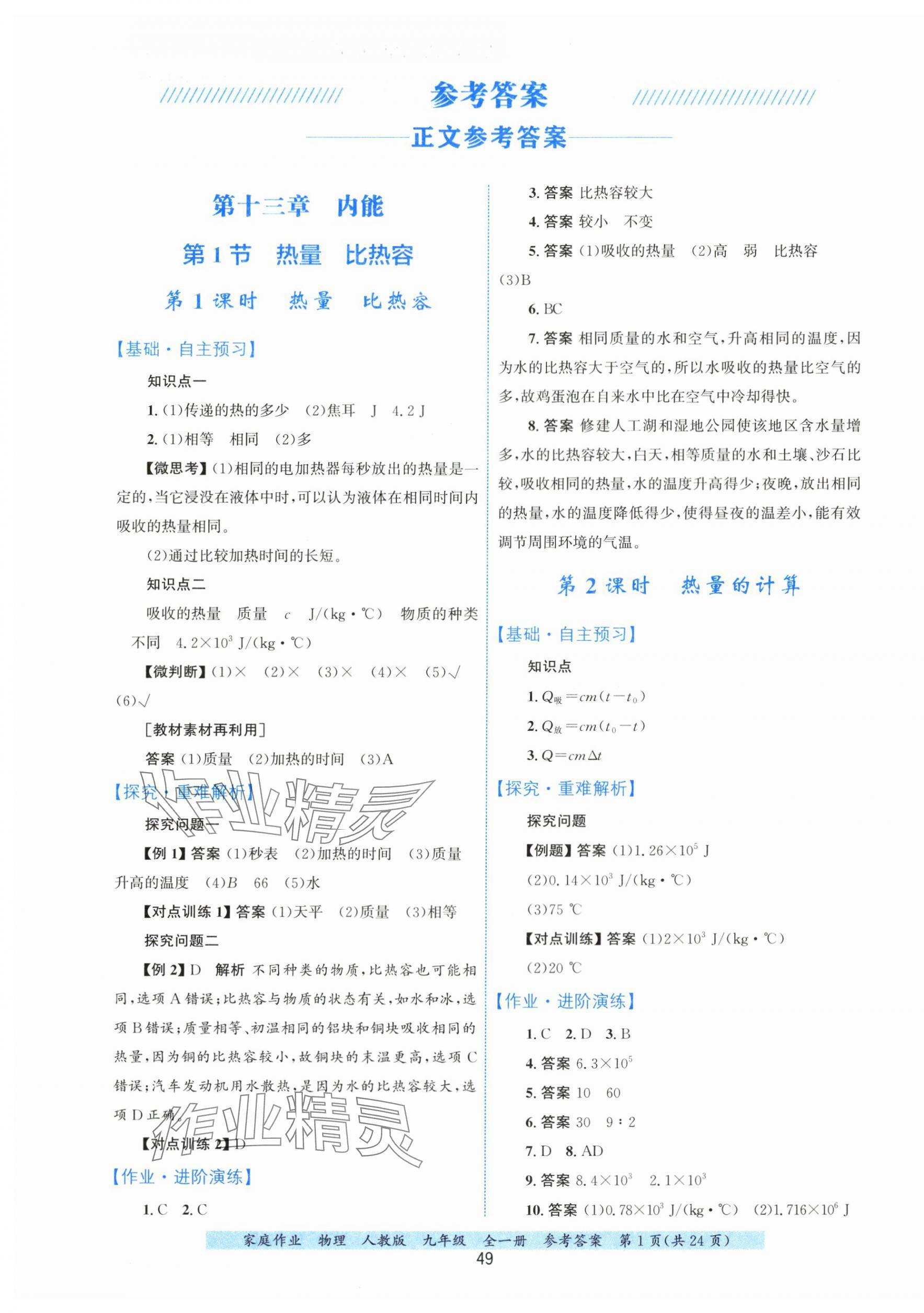 2025年家庭作业九年级物理全一册人教版 第1页