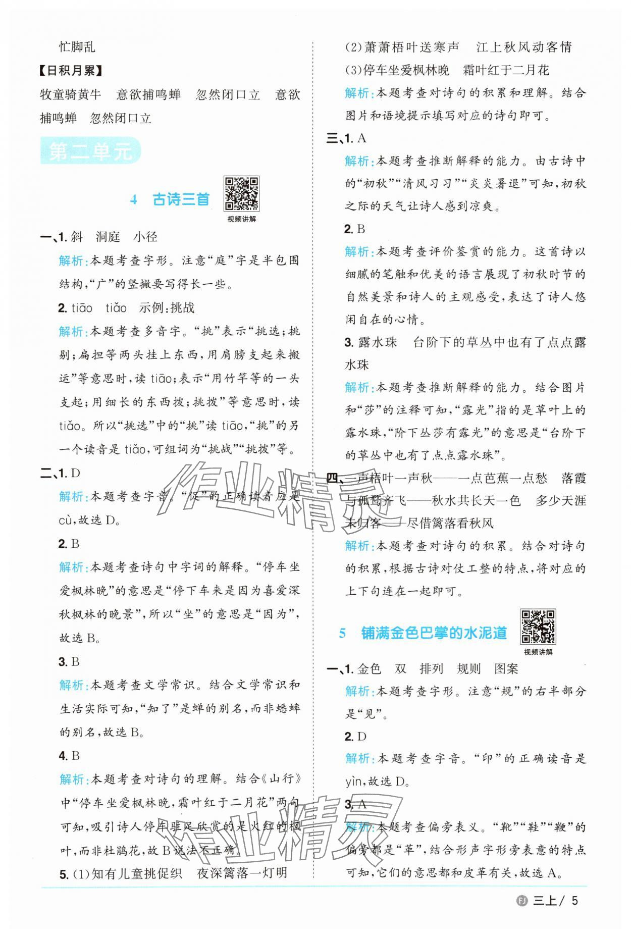 2025年陽光同學(xué)課時優(yōu)化作業(yè)三年級語文上冊人教版福建專版 參考答案第5頁