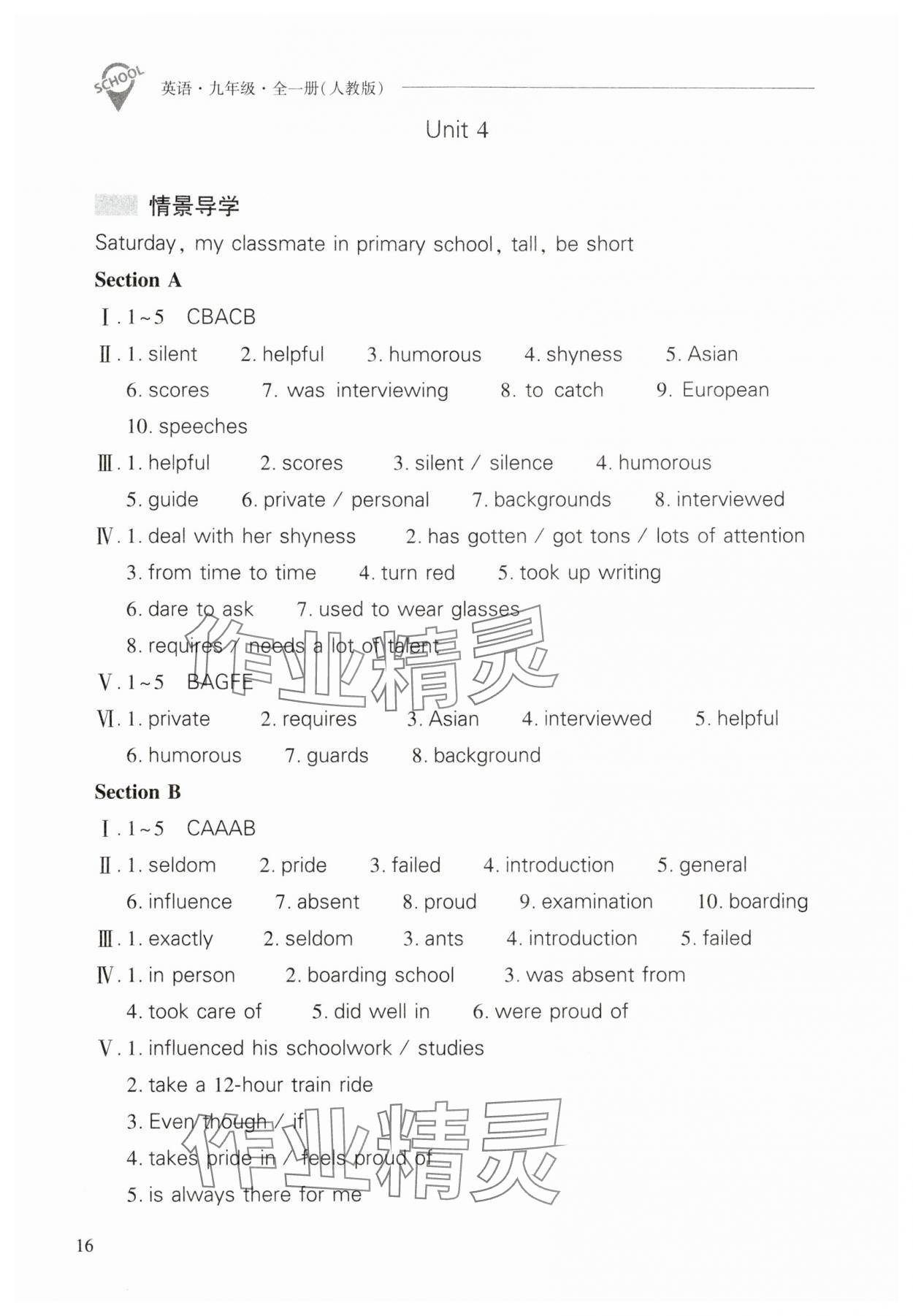 2025年新課程問(wèn)題解決導(dǎo)學(xué)方案九年級(jí)英語(yǔ)全一冊(cè)人教版 參考答案第16頁(yè)