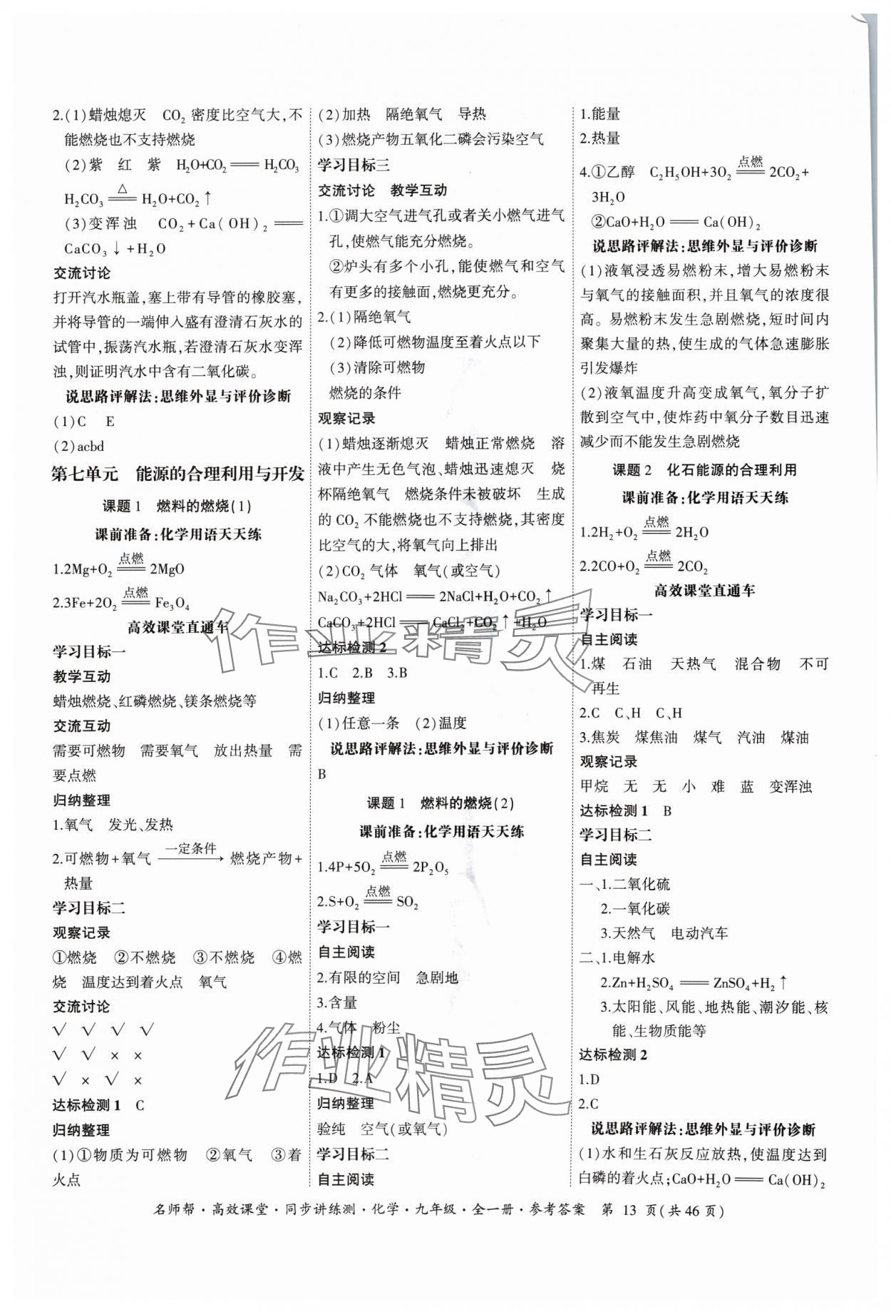 2024年名師幫高效課堂同步講練測九年級(jí)化學(xué)全一冊人教版 參考答案第13頁