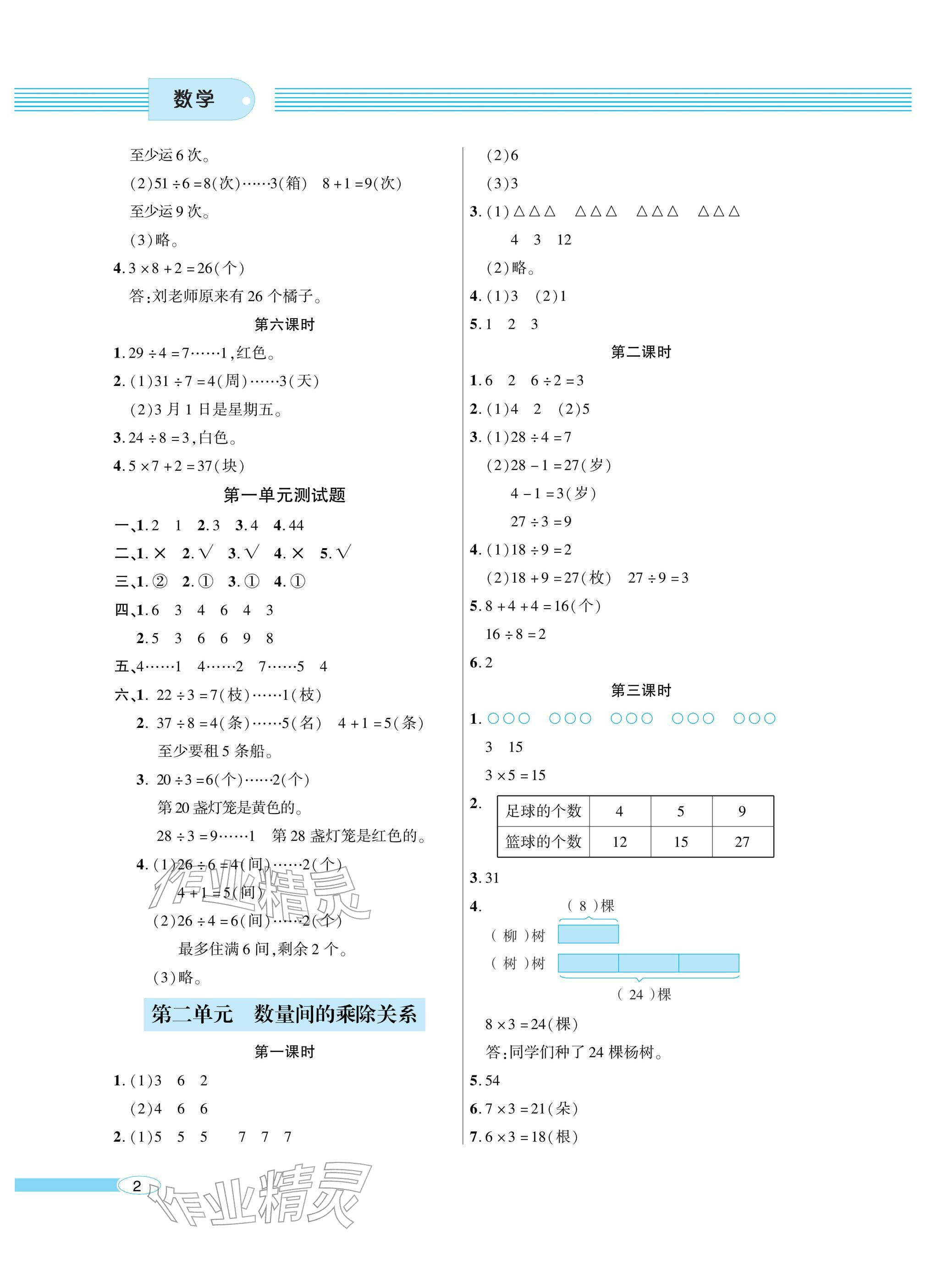 2026年新课堂同步学习与探究二年级数学下册青岛版金乡专版&nbsp;参考答案第2页
