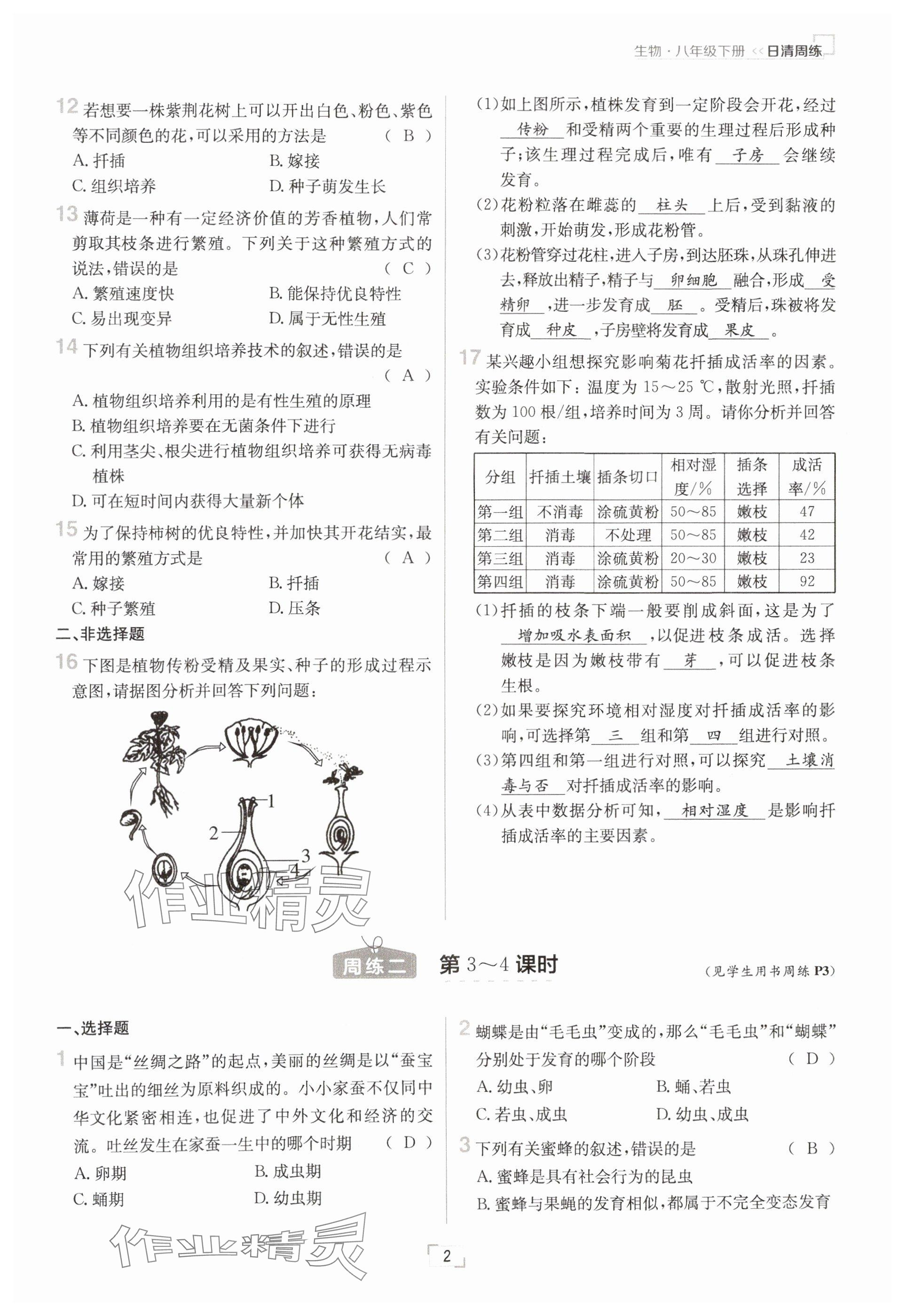 2025年日清周练八年级生物下册人教版&nbsp;参考答案第2页