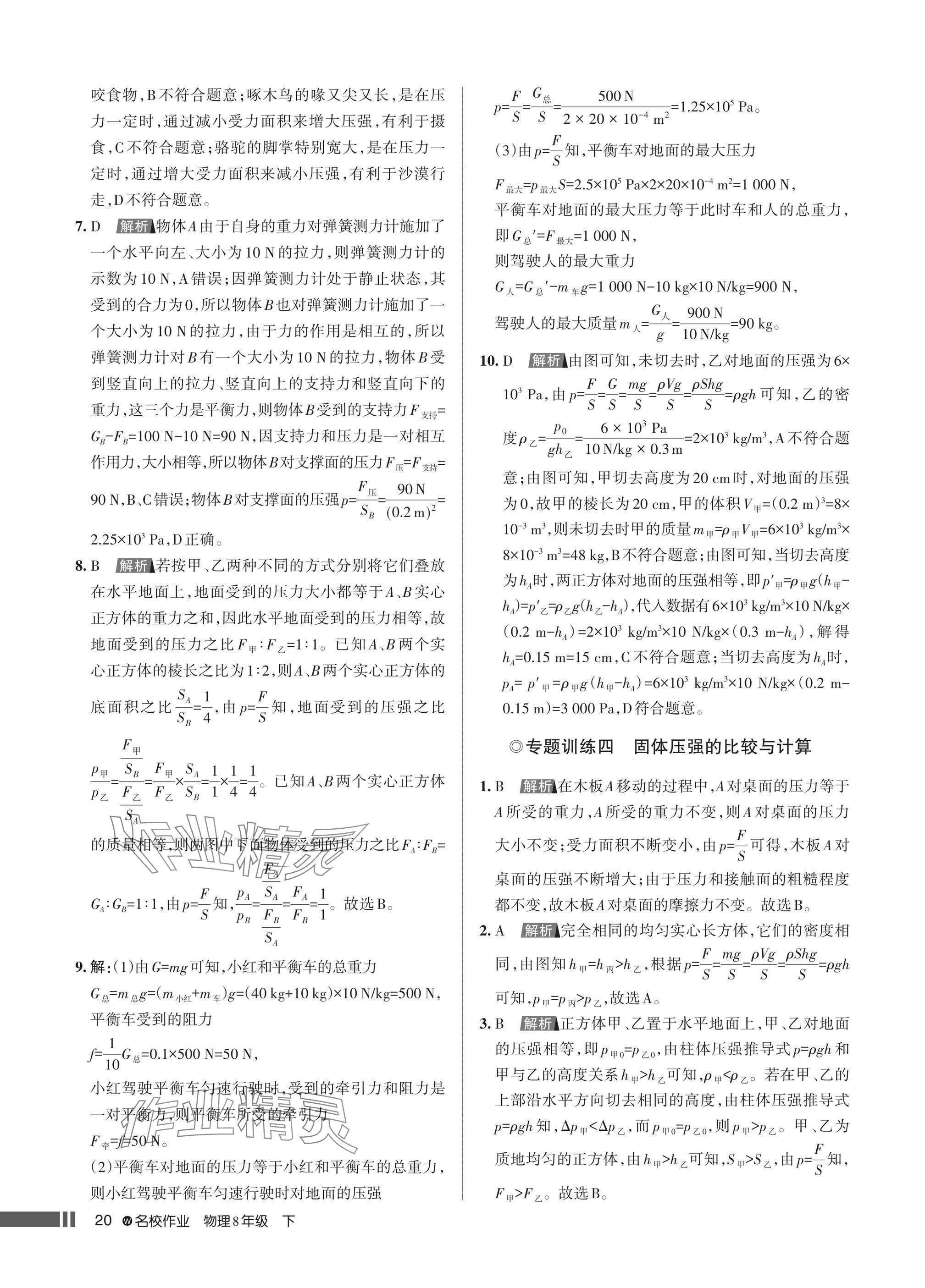 2025年名校作業(yè)八年級物理下冊人教版湖北專版 參考答案第20頁