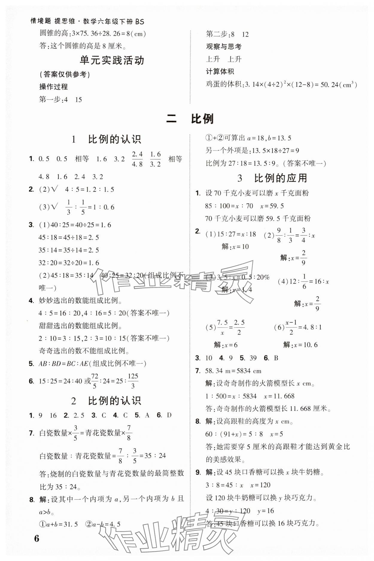 2025年情境題提思維六年級數學下冊北師大版 參考答案第6頁