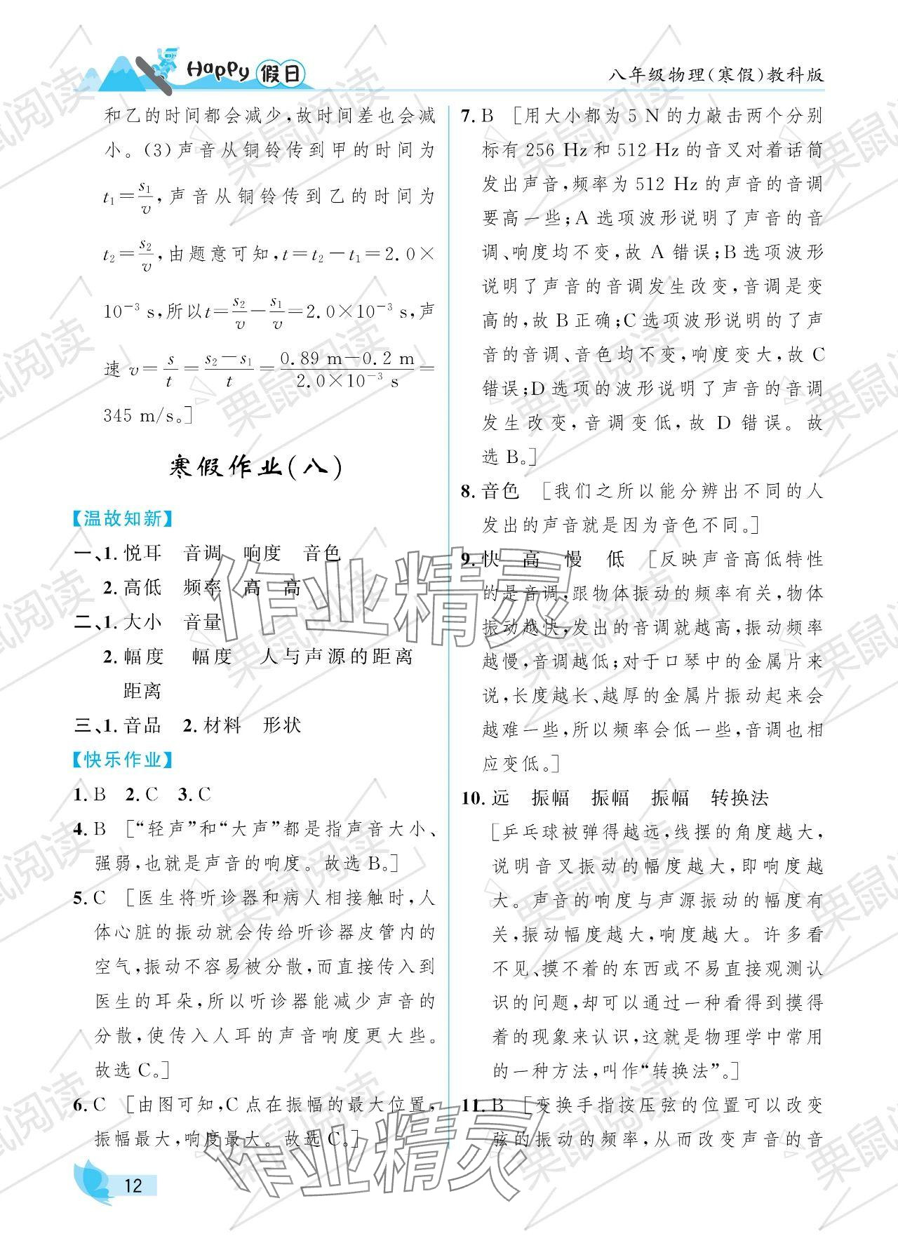 2024年寒假Happy假日八年级物理教科版 参考答案第12页