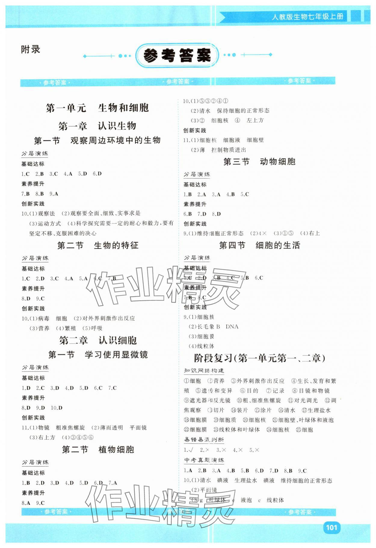 2024年同步實(shí)踐評(píng)價(jià)課程基礎(chǔ)訓(xùn)練七年級(jí)生物上冊(cè)人教版 第1頁(yè)