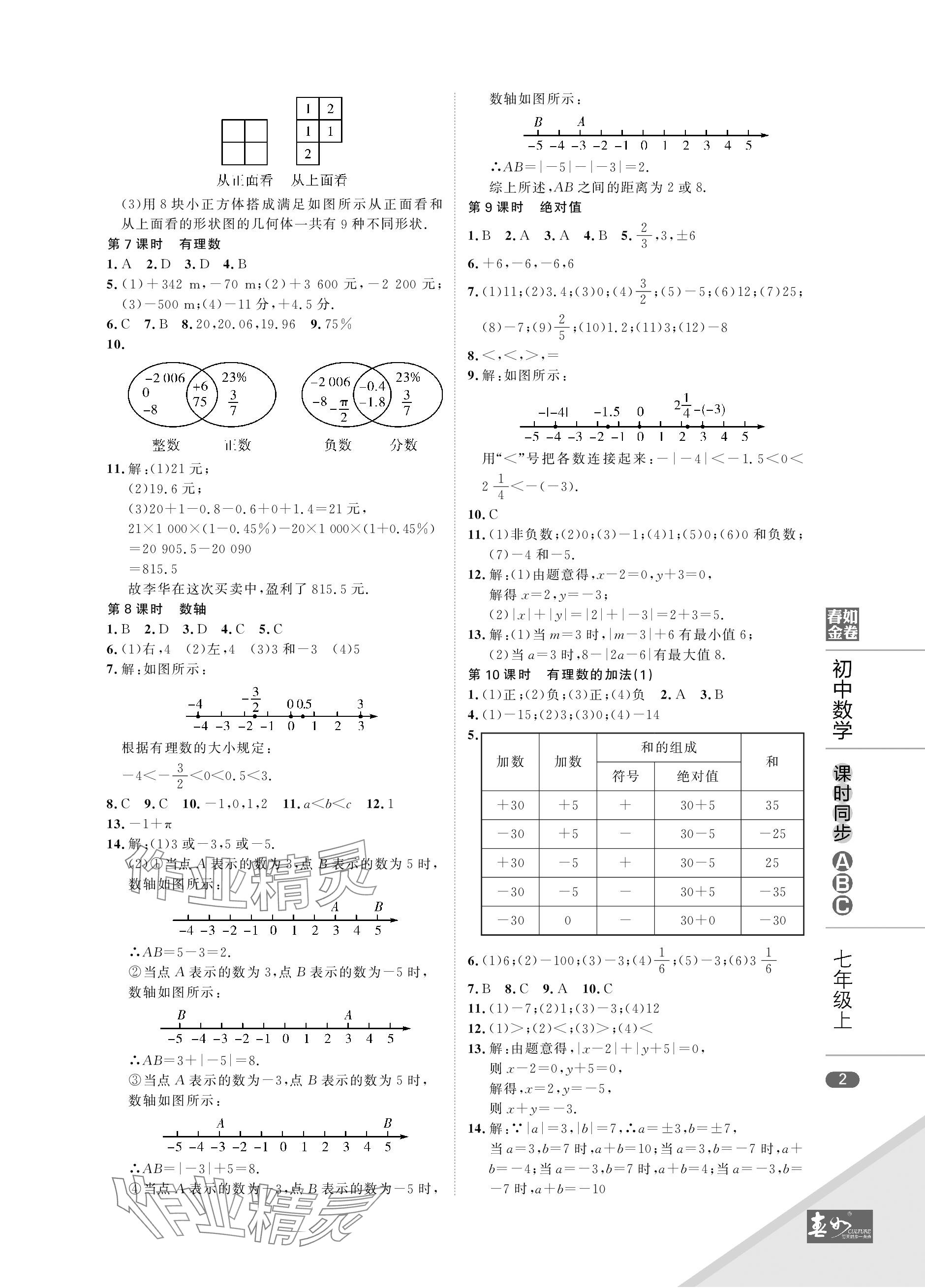 2023年春如金卷課時同步ABC七年級數學上冊北師大版 參考答案第2頁