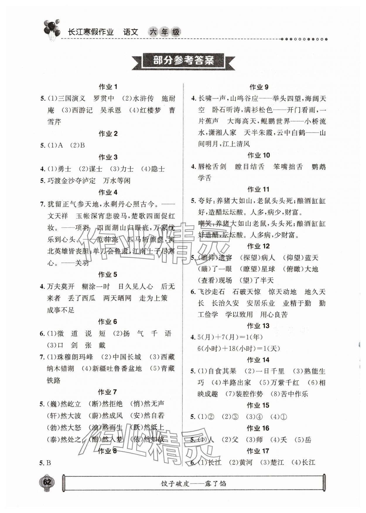 2025年长江寒假作业崇文书局六年级语文 参考答案第1页