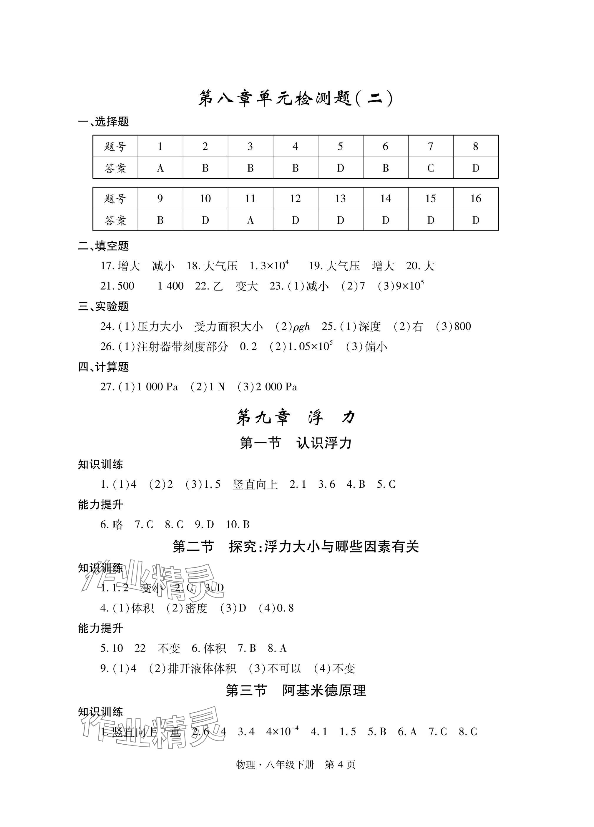 2025年自主學習指導課程與測試八年級物理下冊滬科版 參考答案第4頁