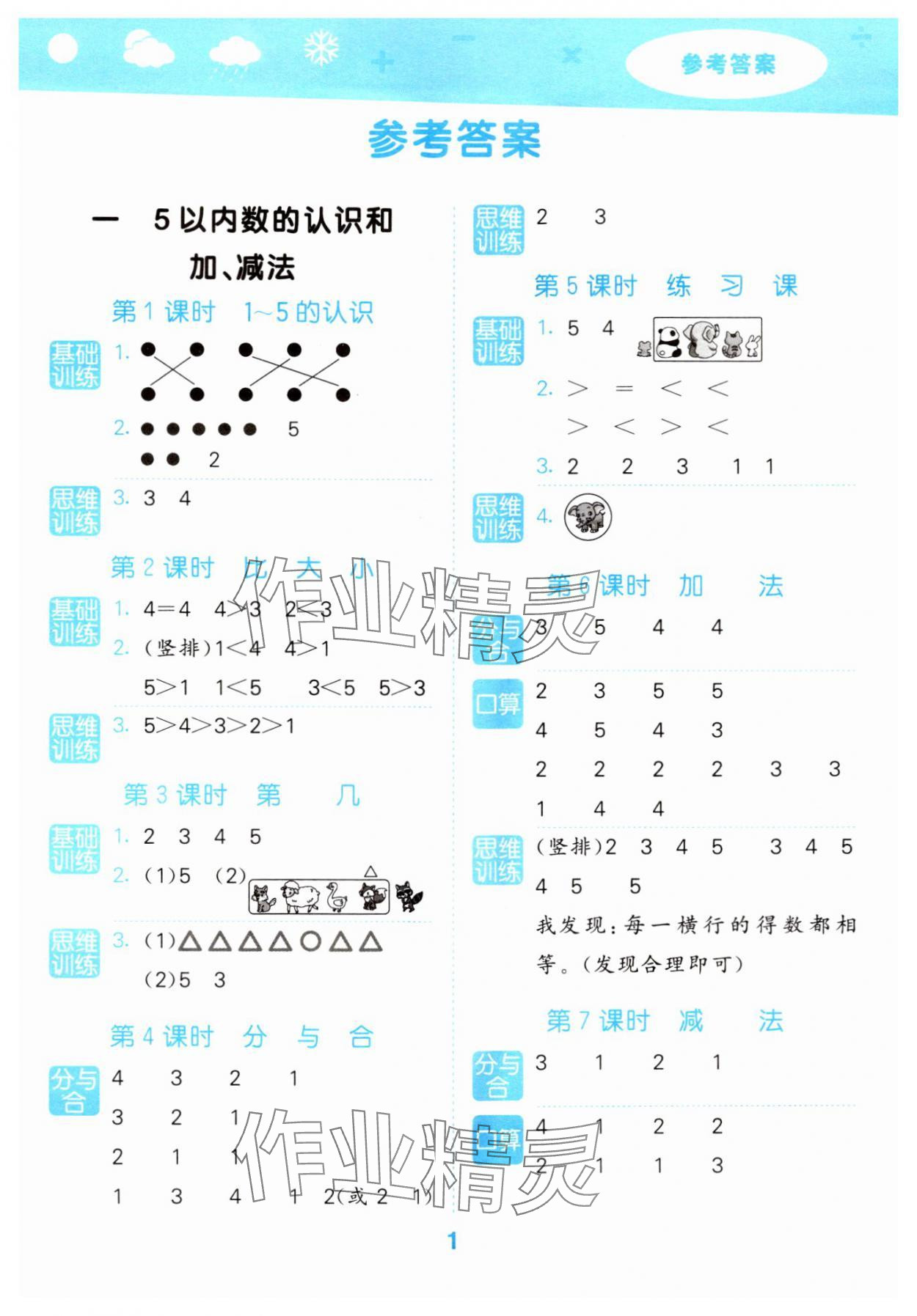 2024年口算大通关一年级数学上册人教版 参考答案第1页