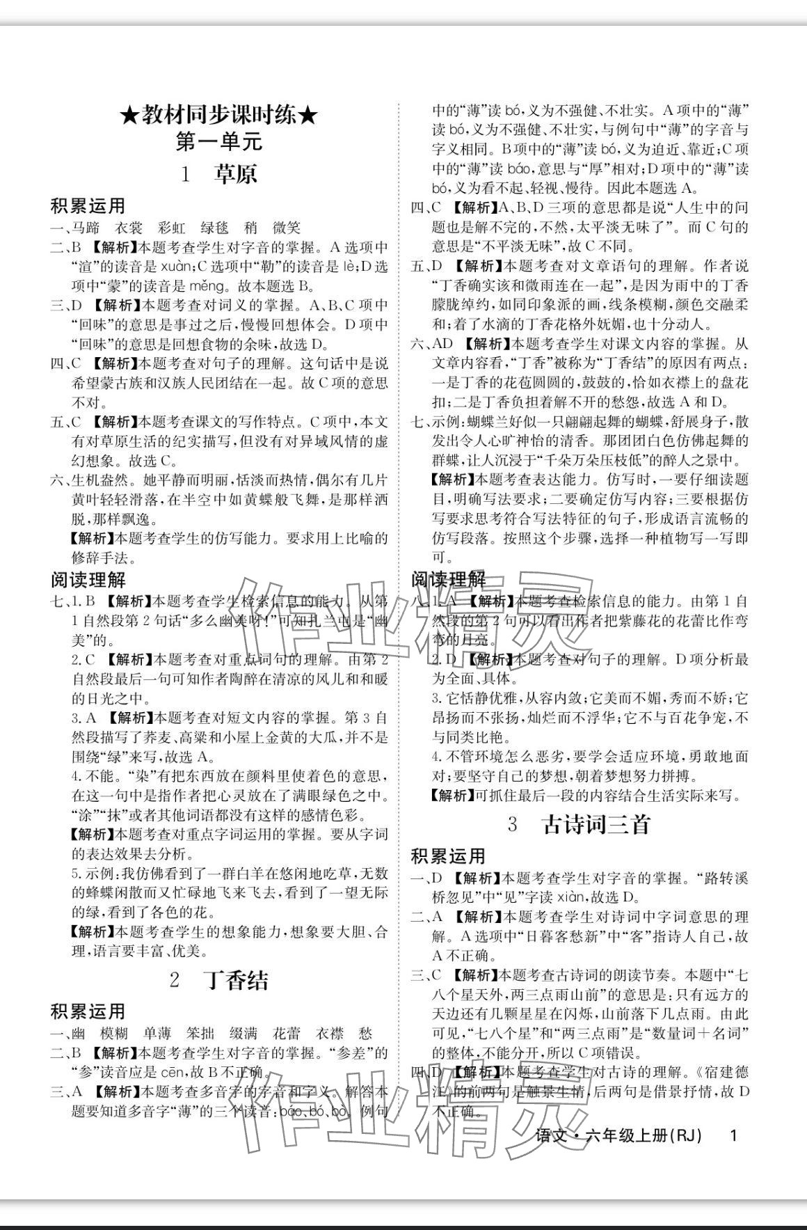 2023年课堂点睛六年级语文上册人教版福建专版 参考答案第1页