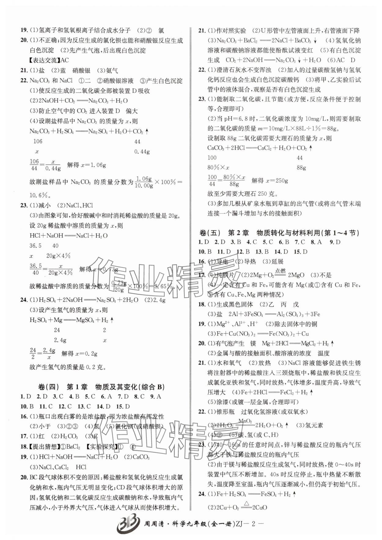 2025年周周清检测九年级科学全一册浙教版 参考答案第2页