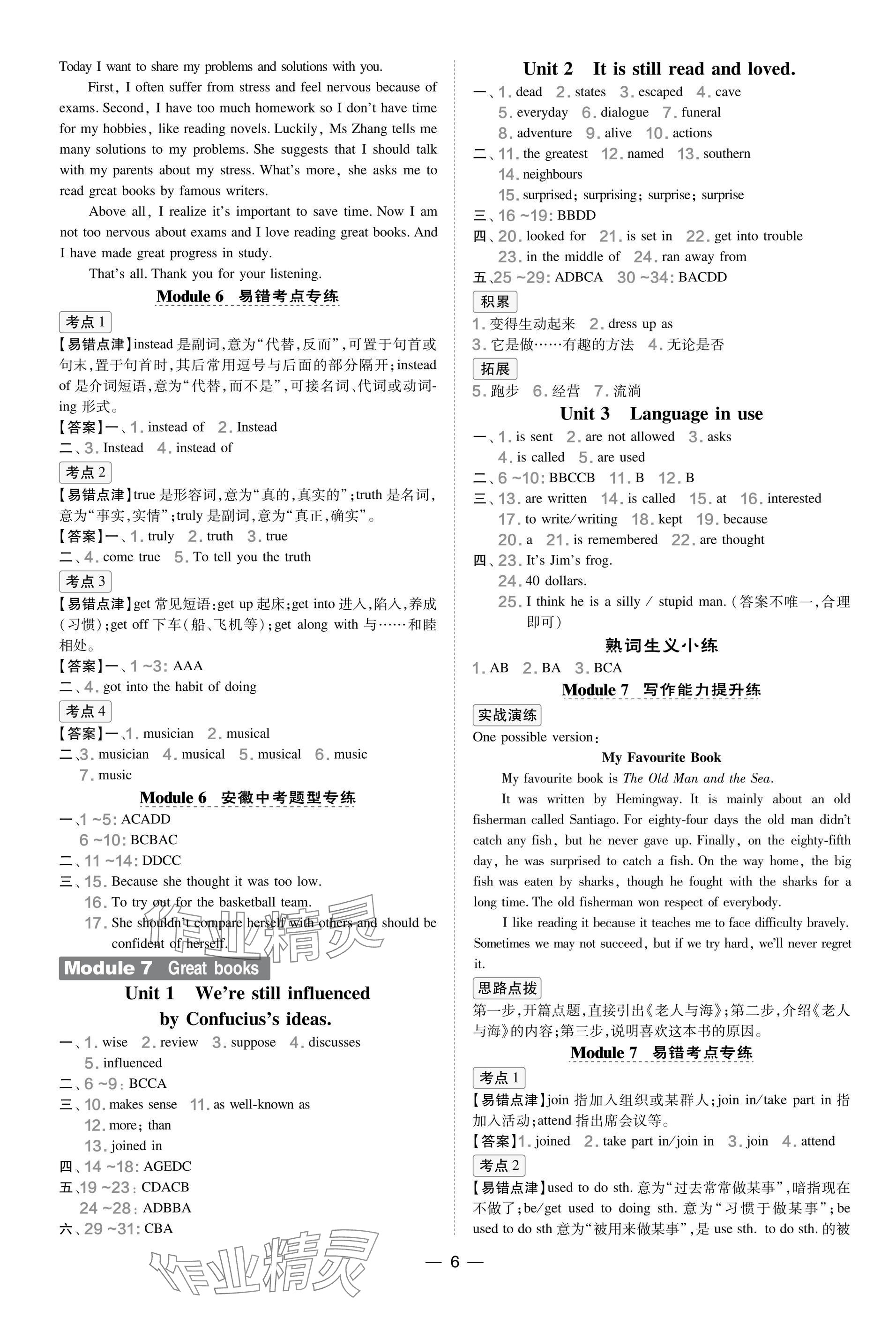 2025年點撥訓練九年級英語上冊外研版安徽專版&nbsp;參考答案第6頁