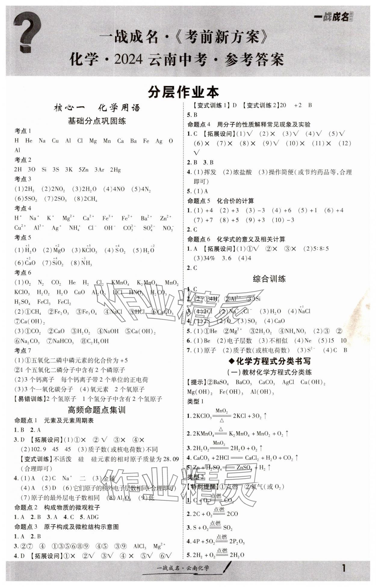 2024年一战成名考前新方案化学云南专版 参考答案第1页