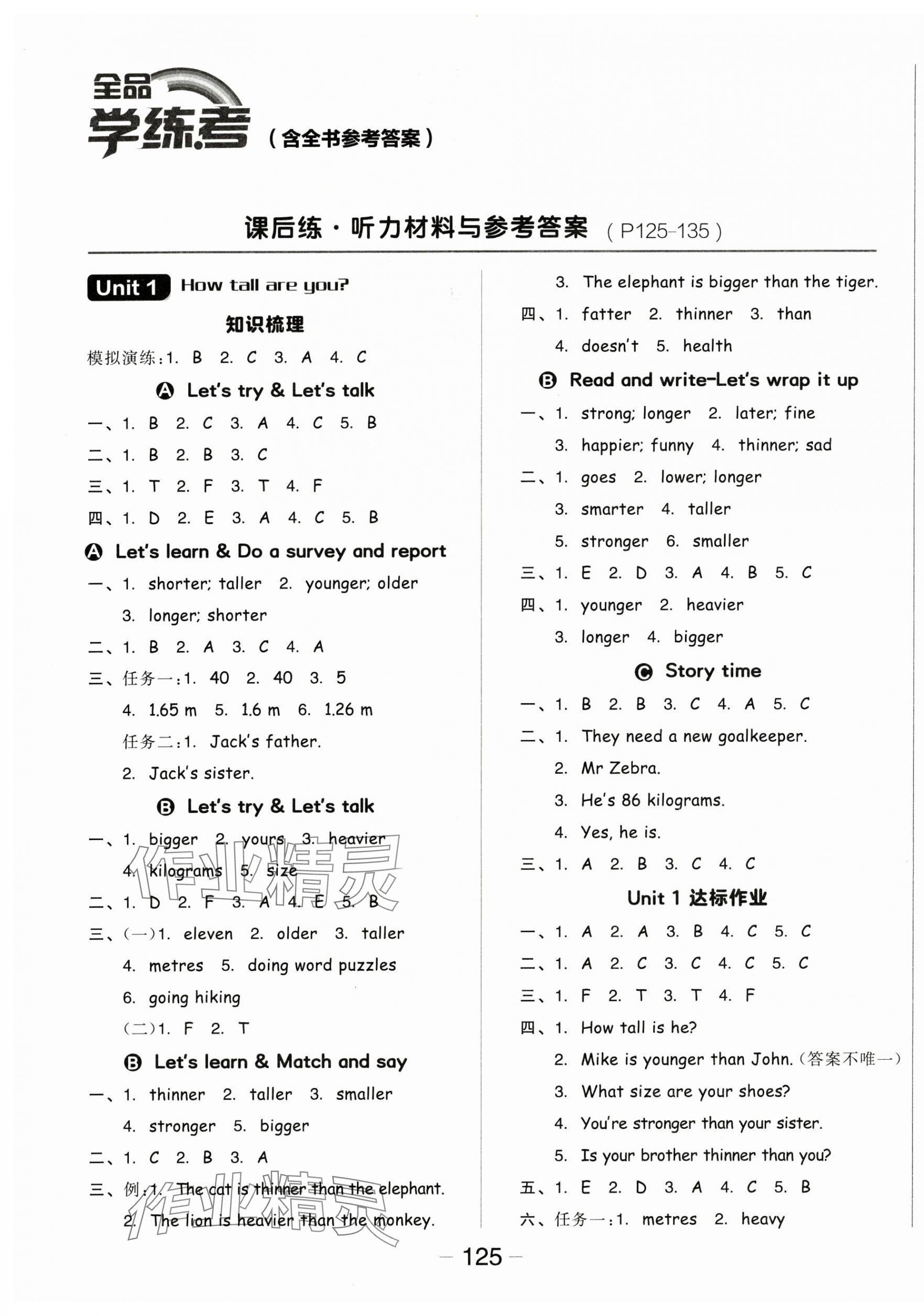 2025年全品學(xué)練考六年級英語下冊人教版 參考答案第1頁