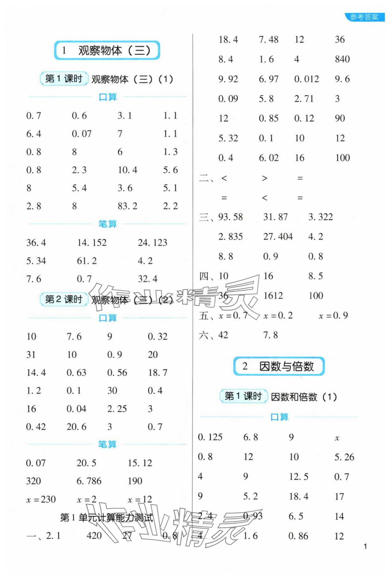 2024年新東方優(yōu)口算五年級(jí)數(shù)學(xué)下冊(cè)人教版 參考答案第1頁(yè)