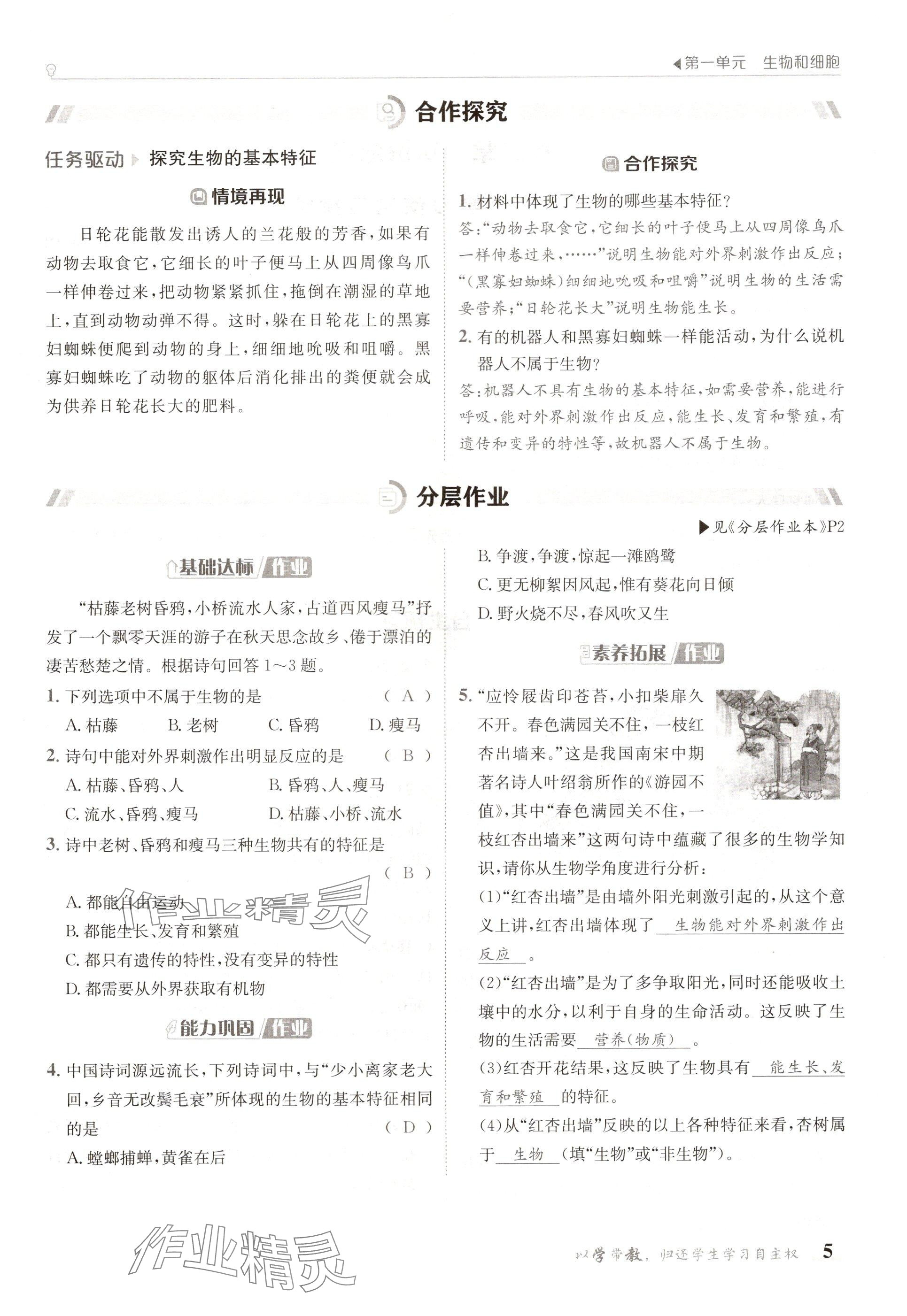 2024年金太陽導(dǎo)學(xué)案七年級(jí)生物上冊人教版 參考答案第5頁