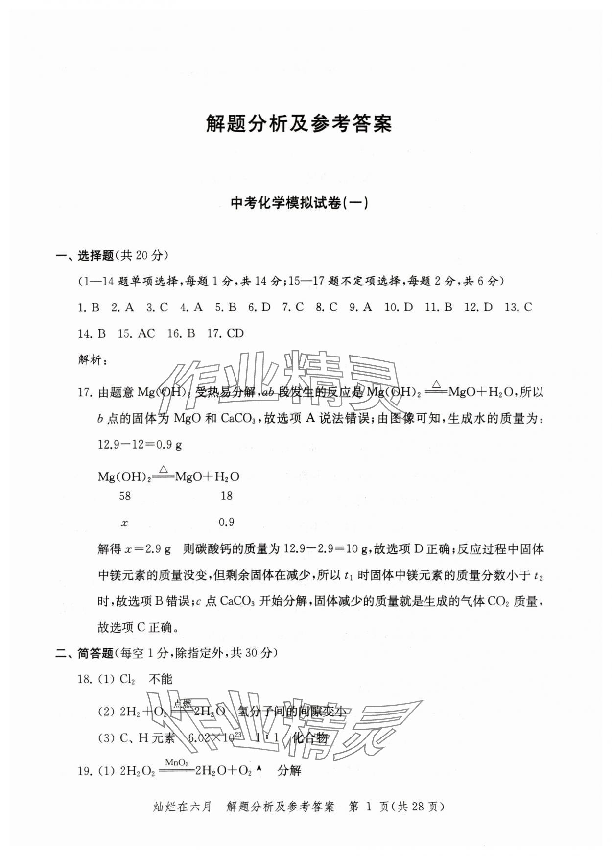 2025年灿烂在六月模拟强化测试精编化学 参考答案第1页