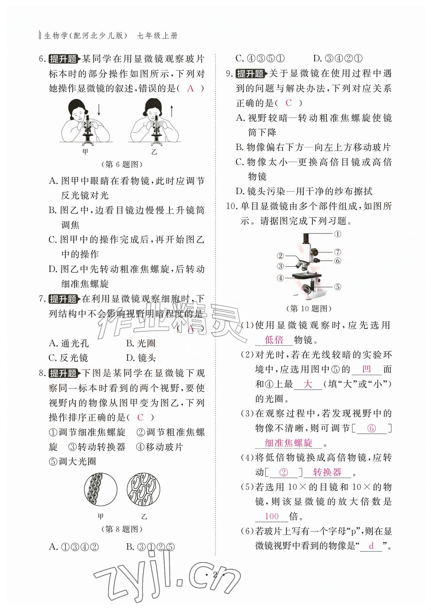 2026年作业本江西教育出版社七年级生物上册冀少版&nbsp;参考答案第2页