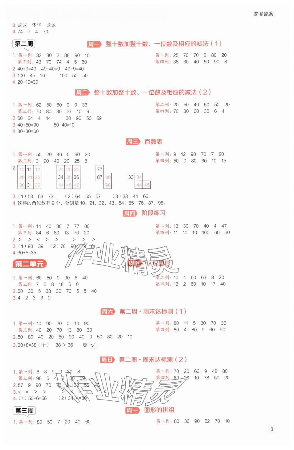 2025年星级口算天天练一年级数学下册青岛版五四制 参考答案第2页