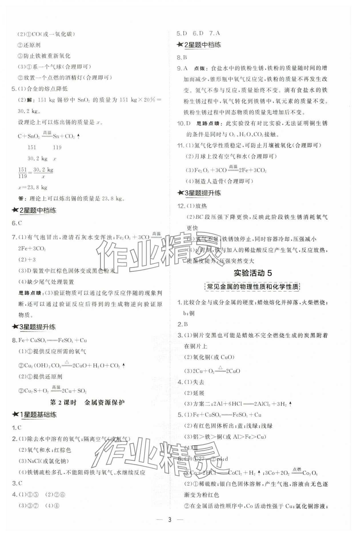 2025年点拨训练九年级化学下册人教版安徽专版 参考答案第3页