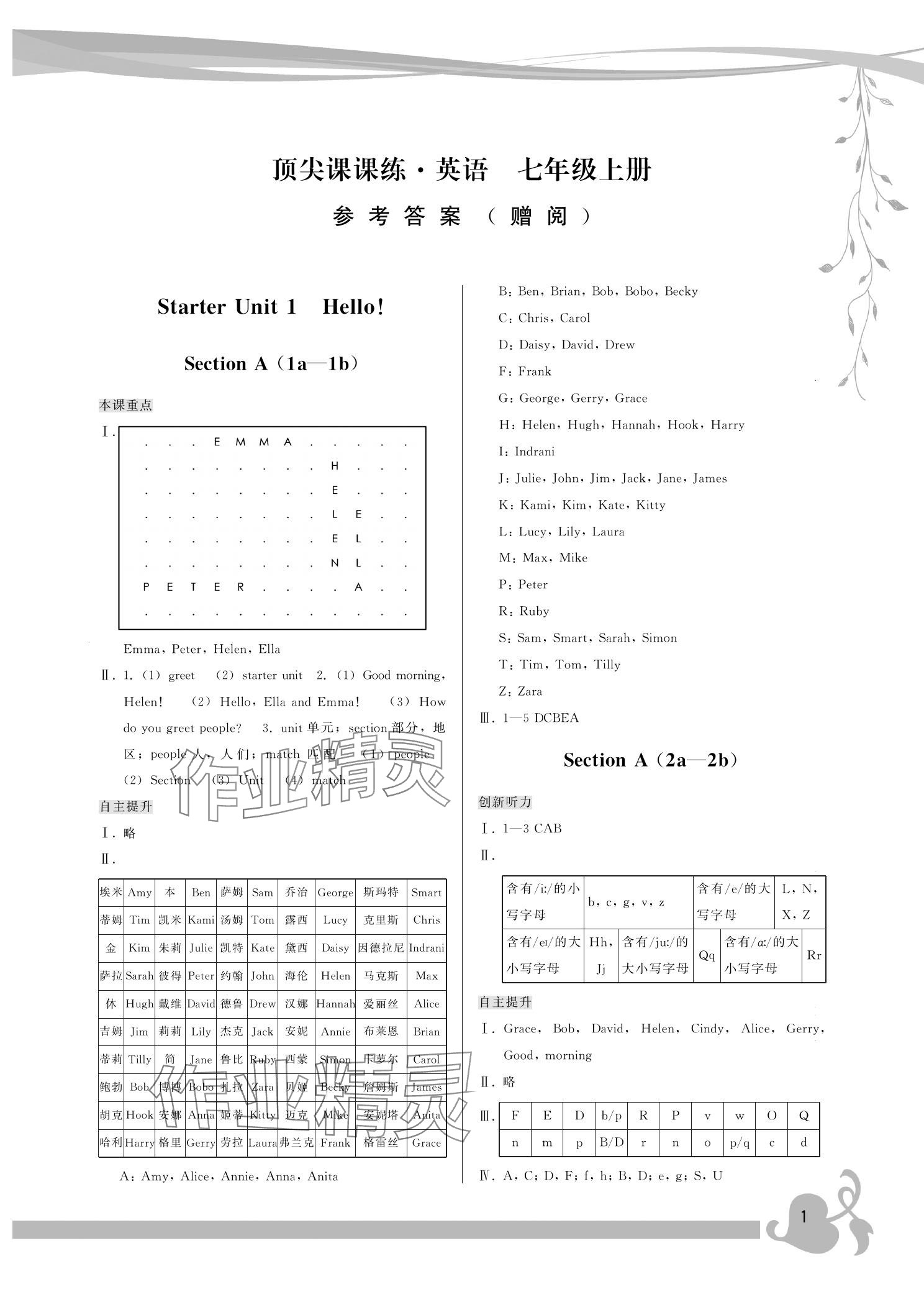 2024年頂尖課課練七年級英語上冊人教版 參考答案第1頁