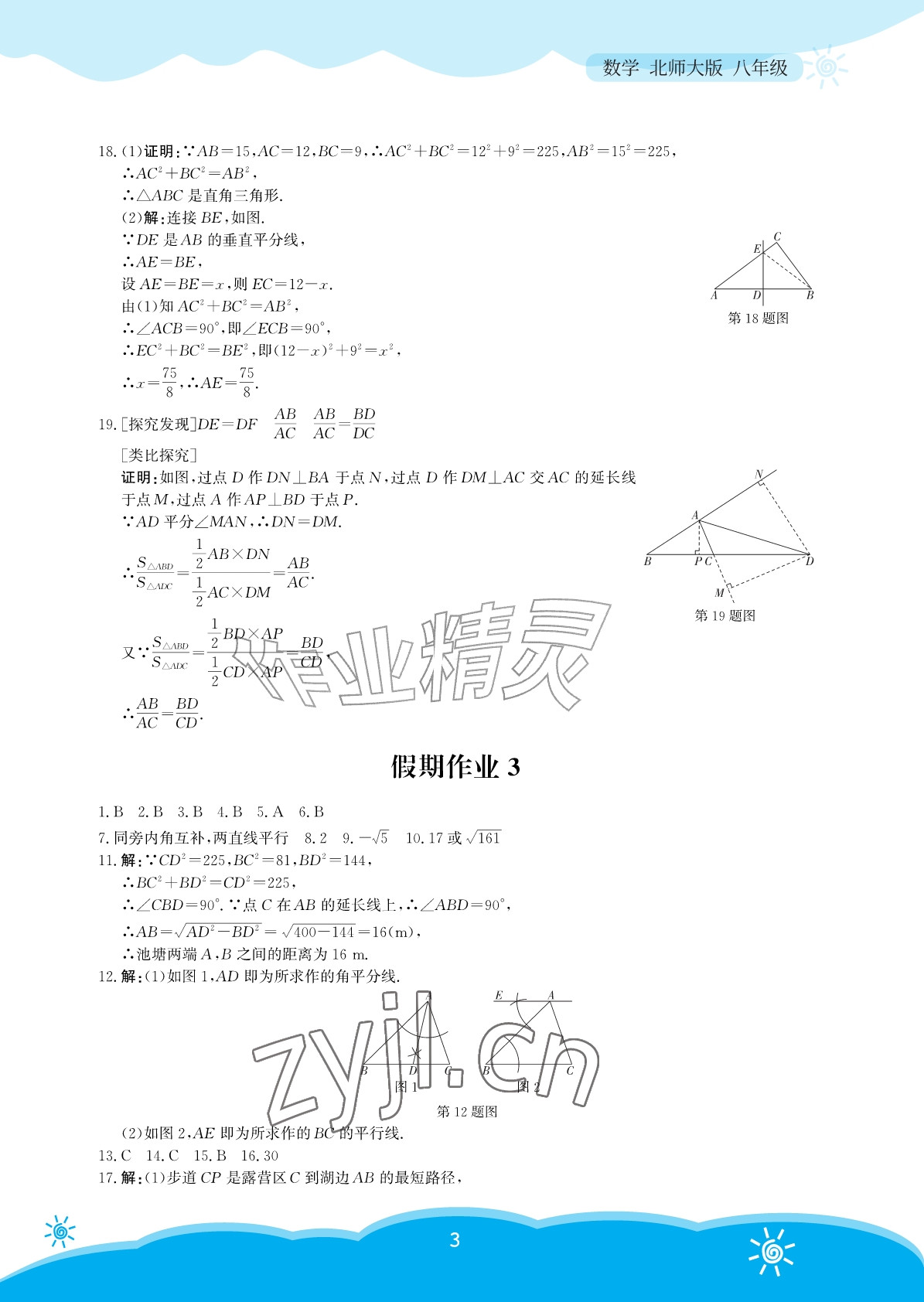 2026年暑假作业安徽教育出版社八年级数学北师大版&nbsp;参考答案第3页