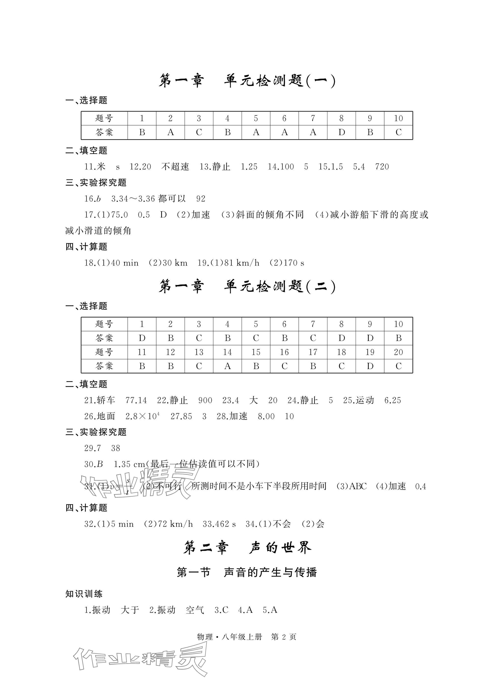 2025年自主学习指导课程与测试八年级物理上册沪科版 参考答案第2页