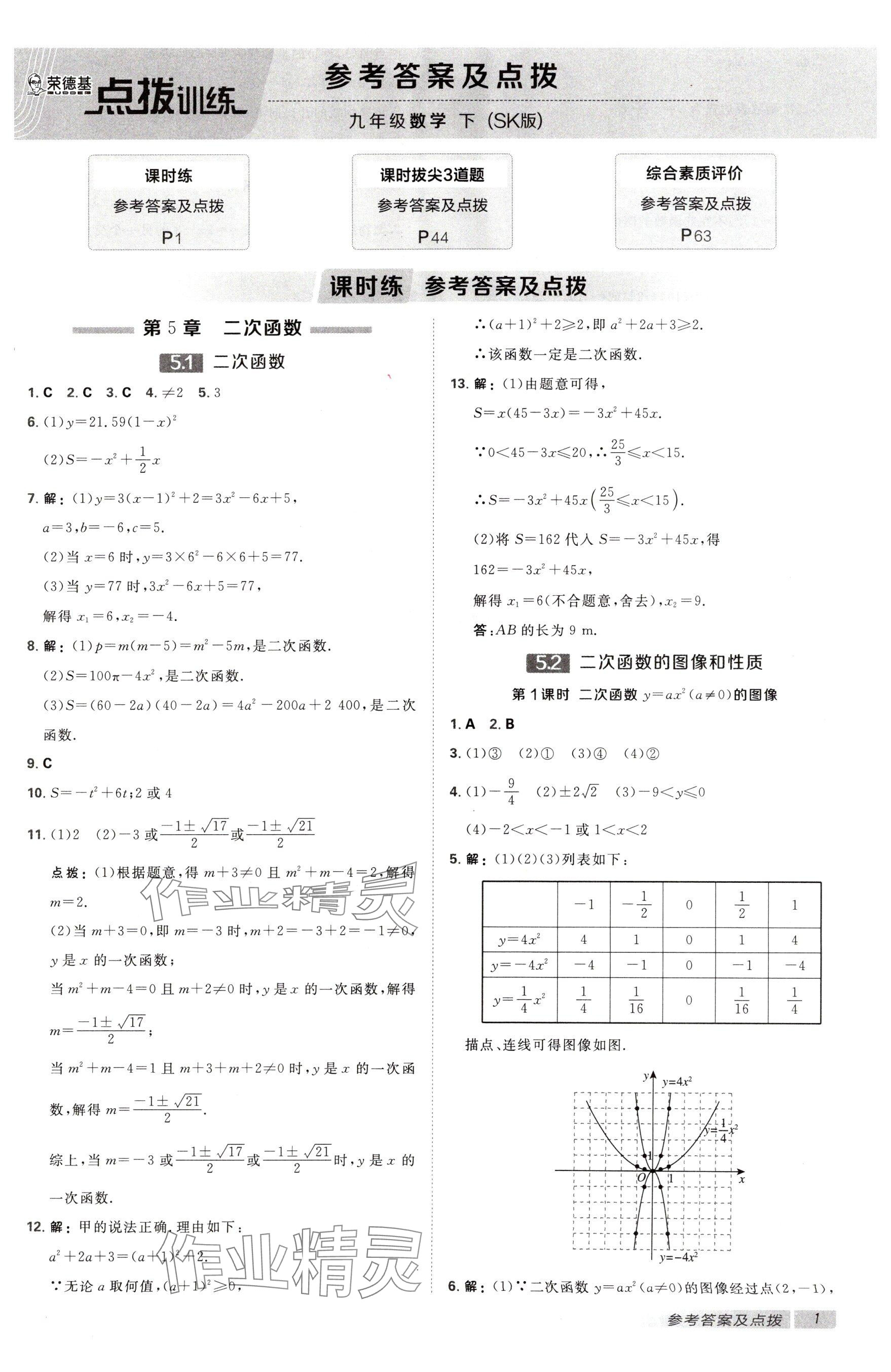 2025年點撥訓練九年級數(shù)學下冊蘇科版江蘇專用 參考答案第1頁