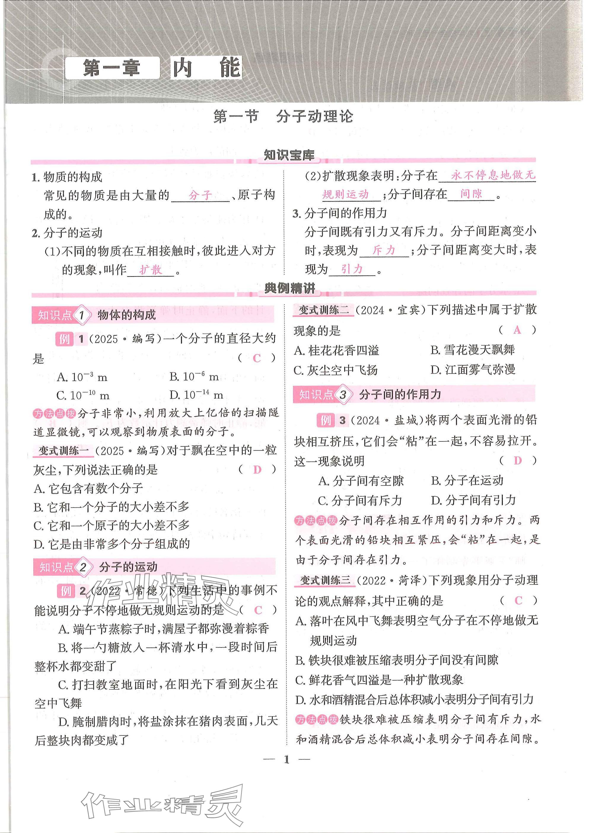 2025年物理学堂九年级全一册教科版 参考答案第1页