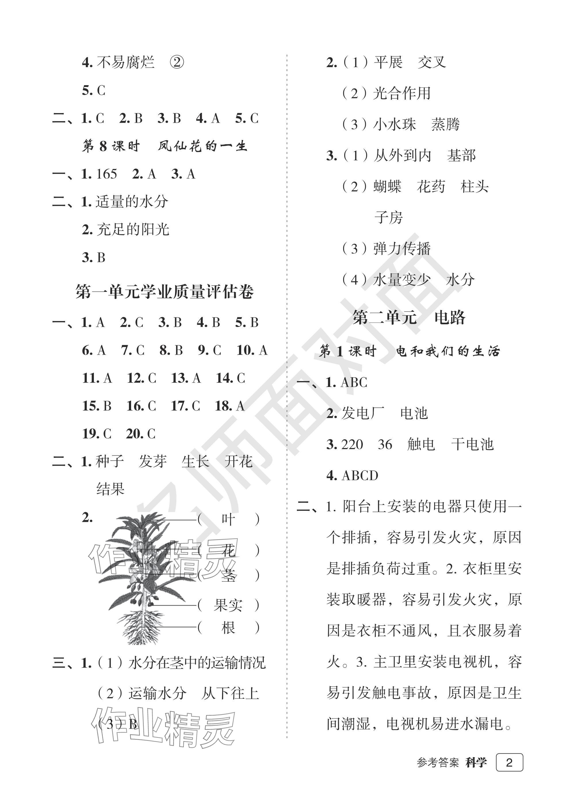 2025年名师面对面先学后练四年级科学下册教科版评议教辅 参考答案第2页