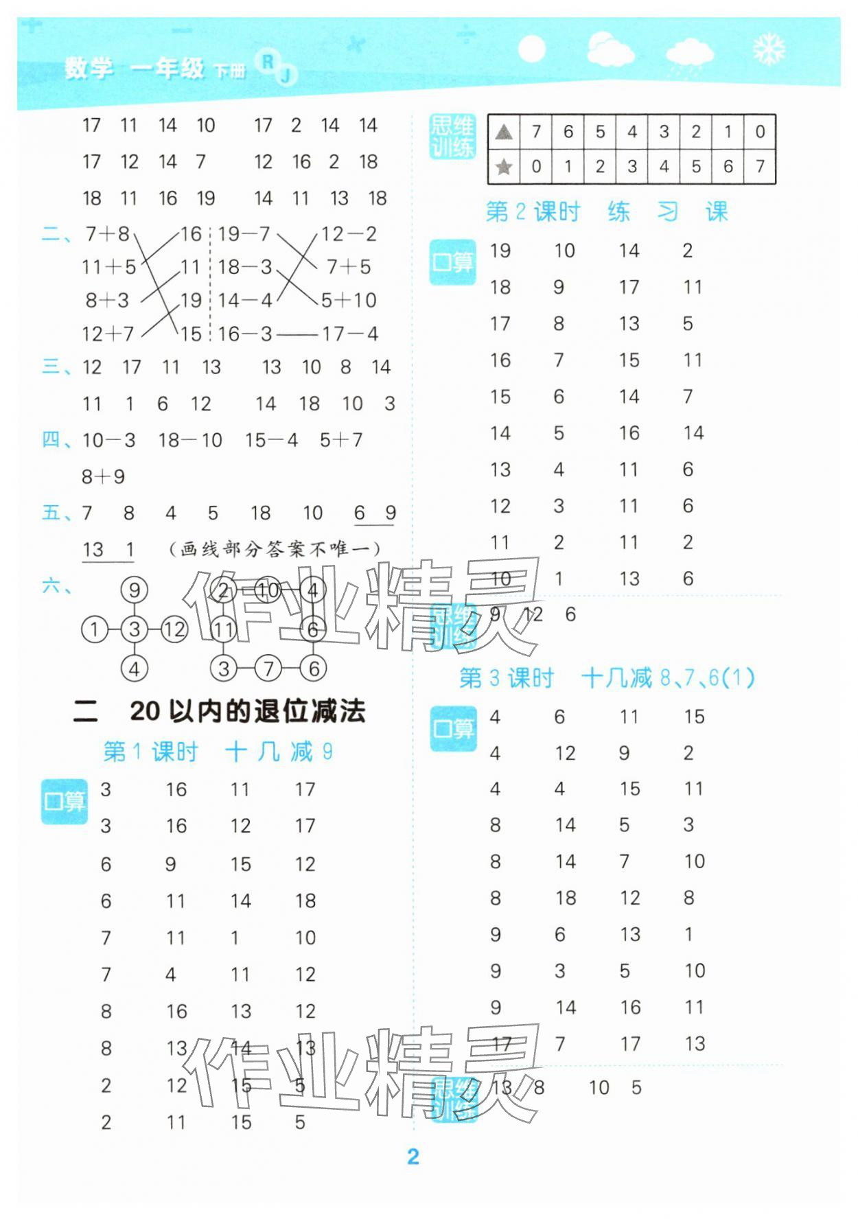 2025年口算大通关一年级数学下册人教版 参考答案第2页