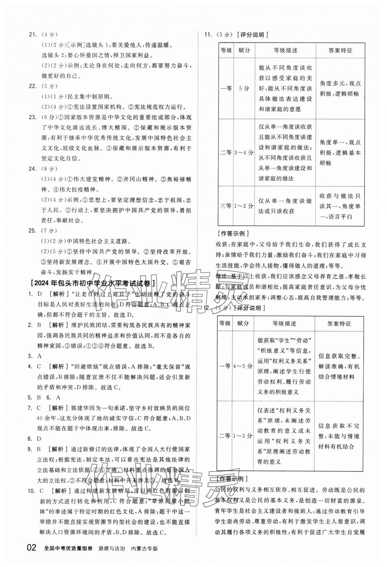 2025年全品中考優(yōu)選重組卷道德與法治內(nèi)蒙古專版 參考答案第2頁