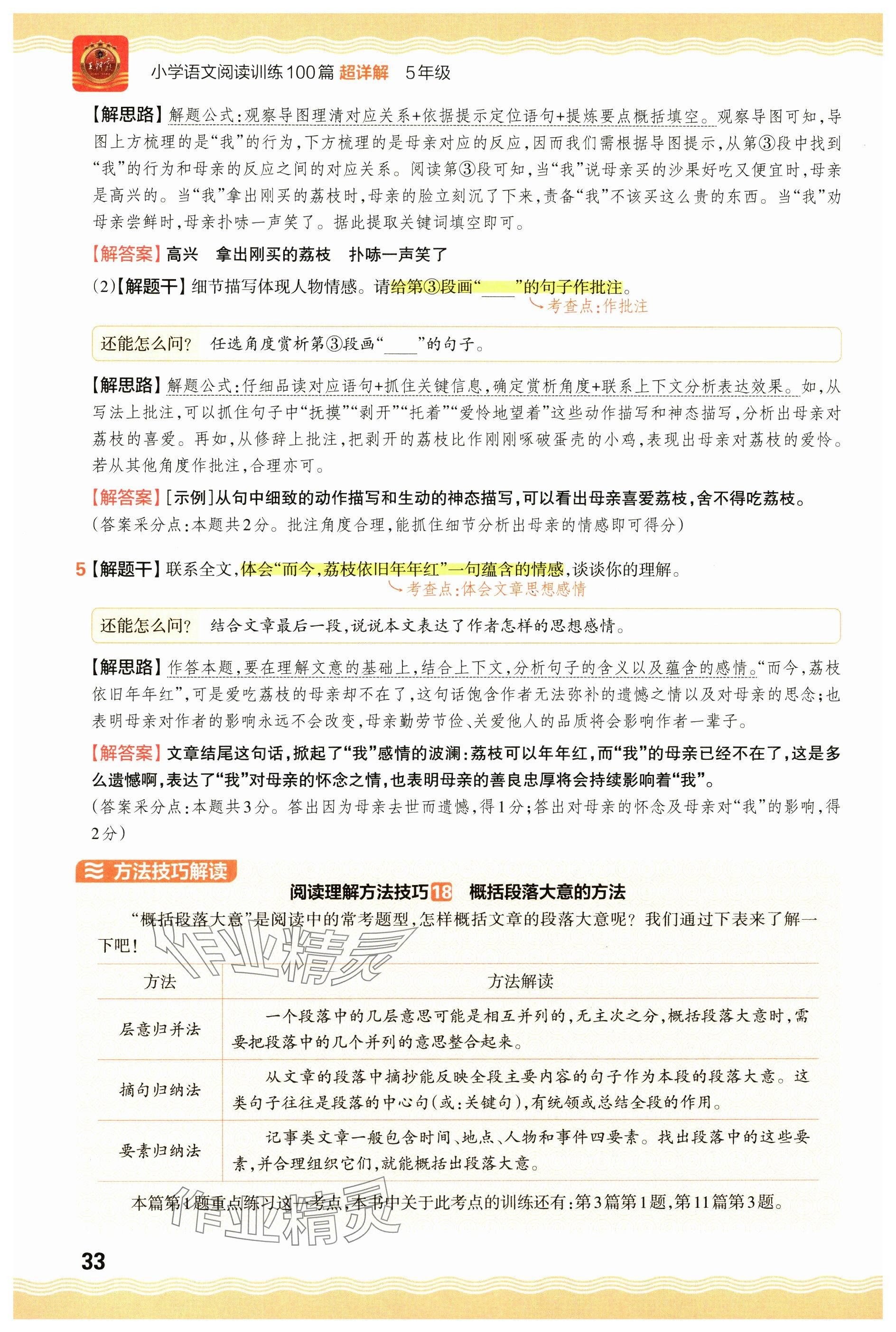 2024年王朝霞小學語文閱讀訓練100篇五年級 參考答案第33頁