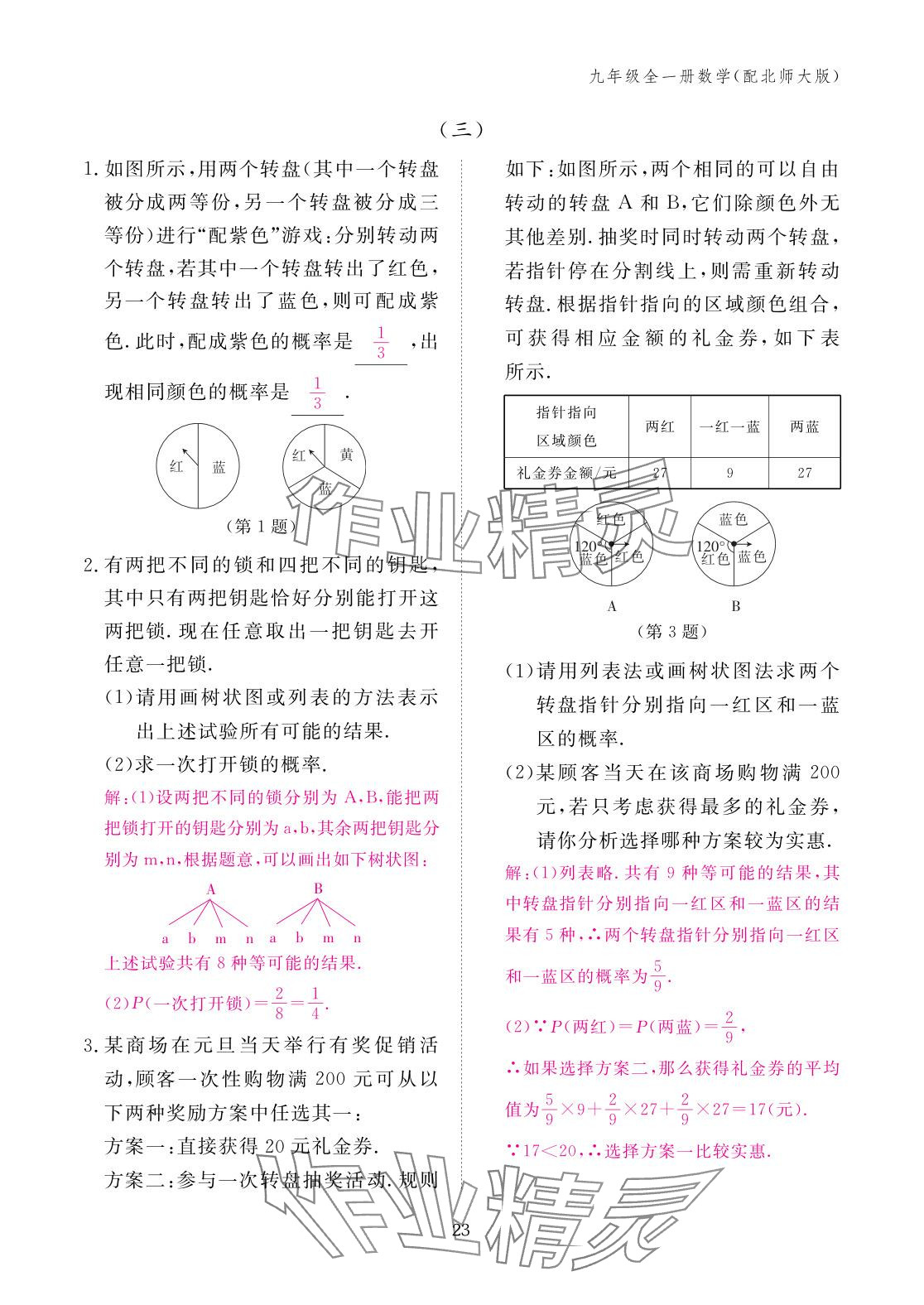 2025年作业本江西教育出版社九年级数学全一册北师大版 参考答案第23页