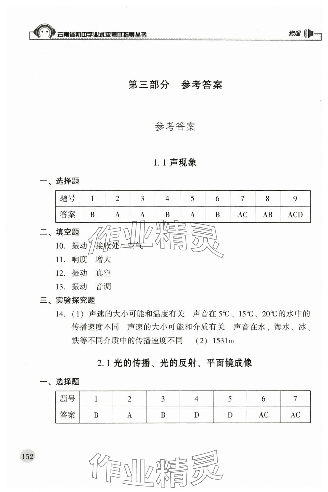 2024年云南省初中学业水平考试指导丛书物理 参考答案第1页