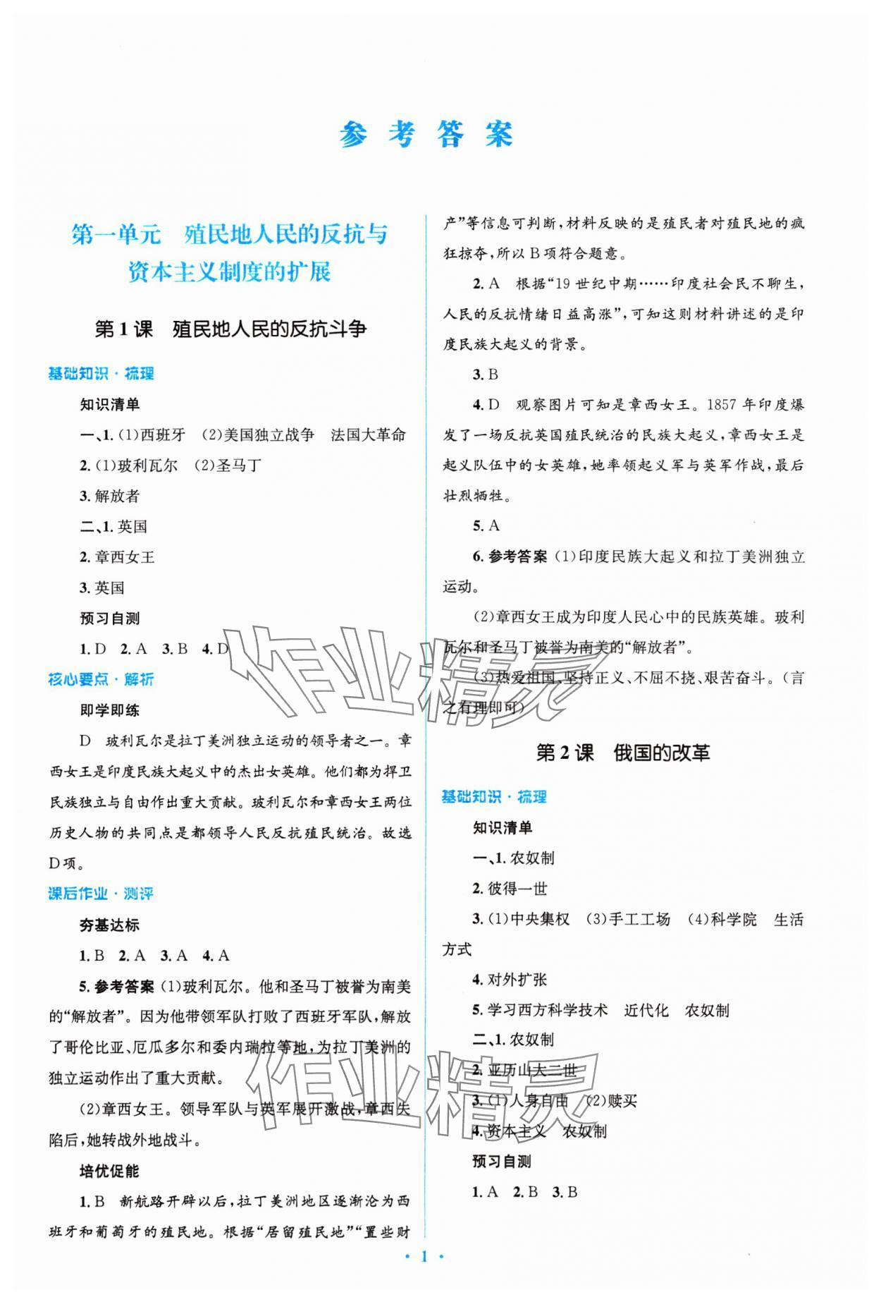 2025年同步解析與測評學(xué)考練九年級歷史下冊人教版精編版 參考答案第1頁