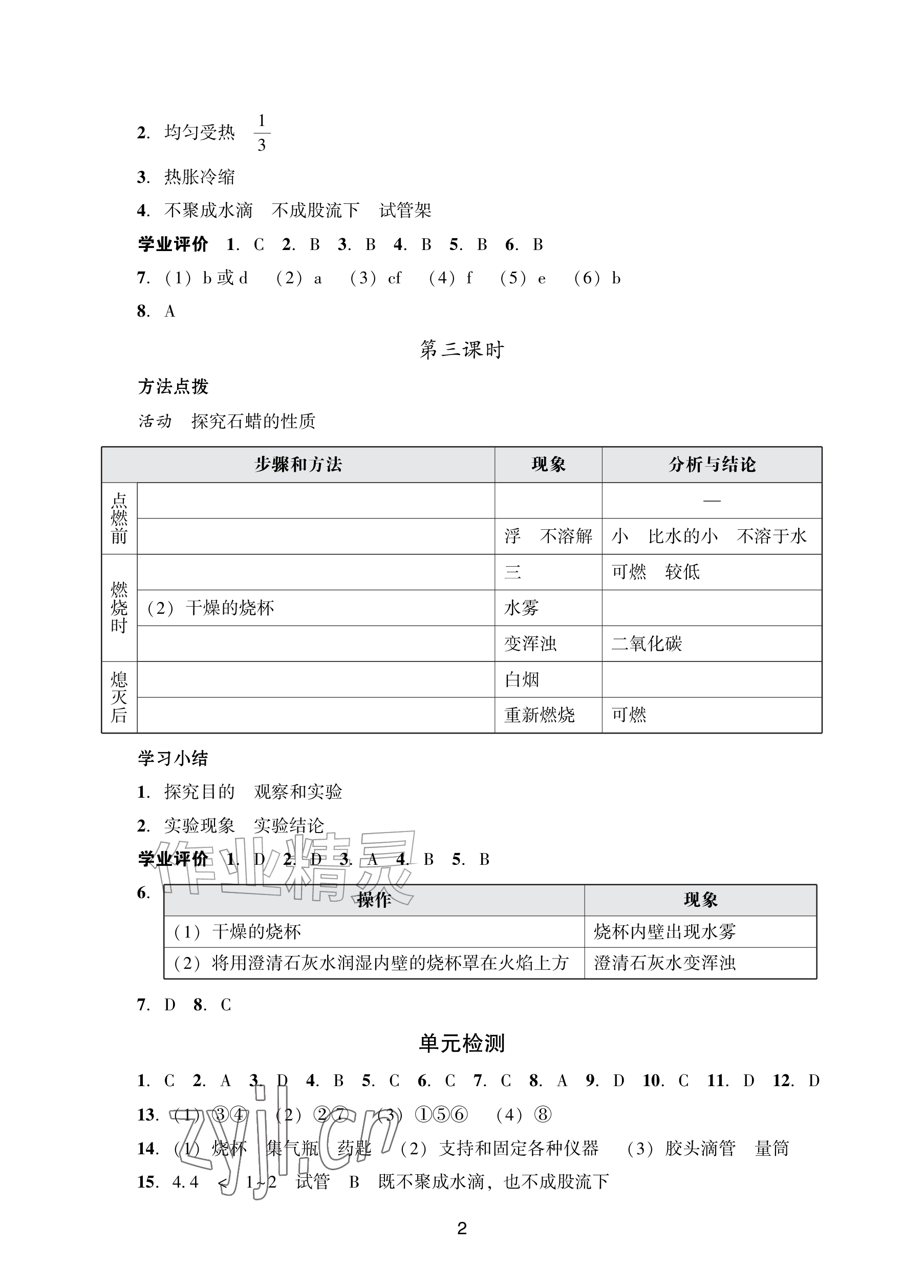 2026年阳光学业评价九年级化学上册人教版&nbsp;参考答案第2页