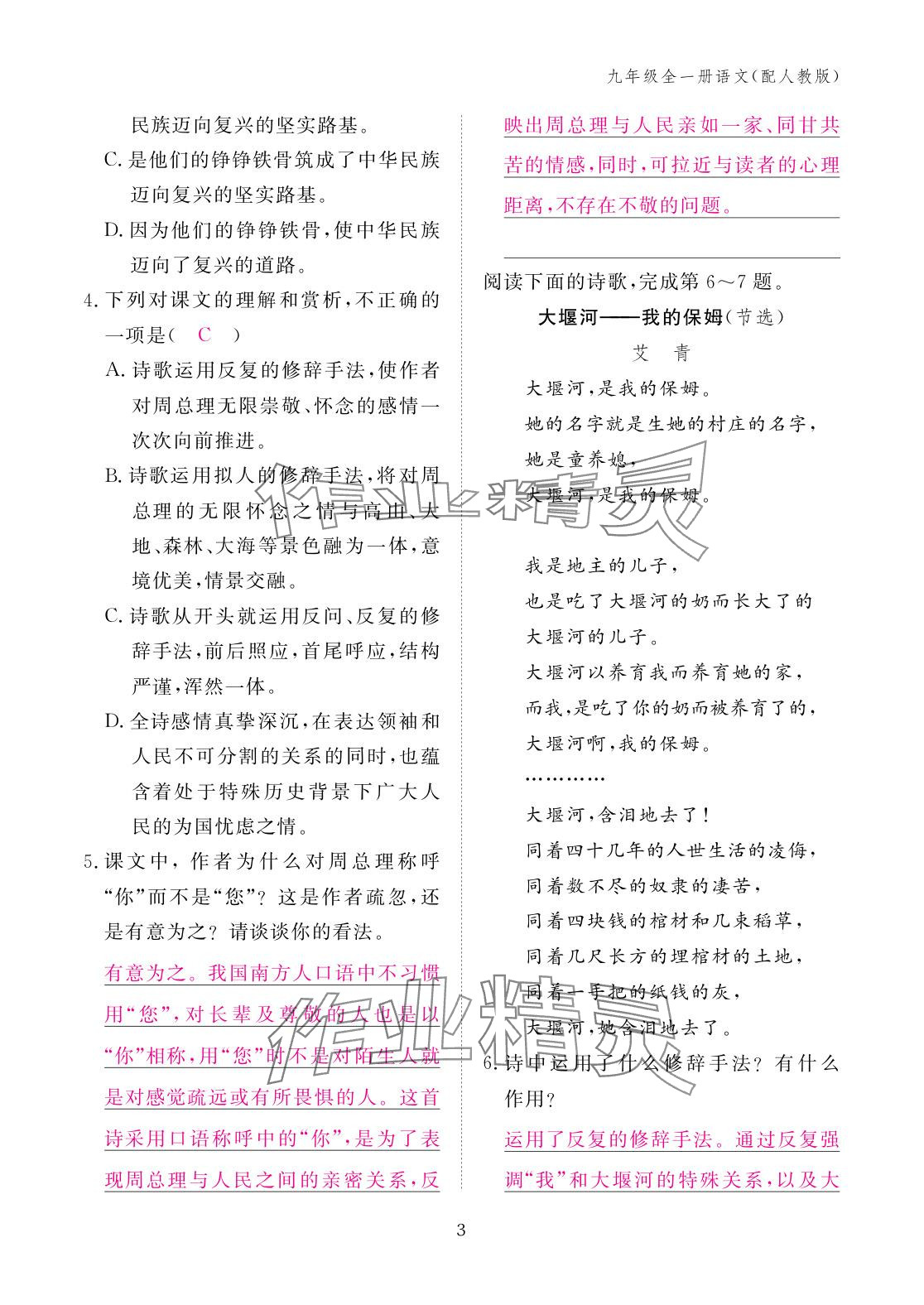 2025年作业本江西教育出版社九年级语文全一册人教版 参考答案第3页