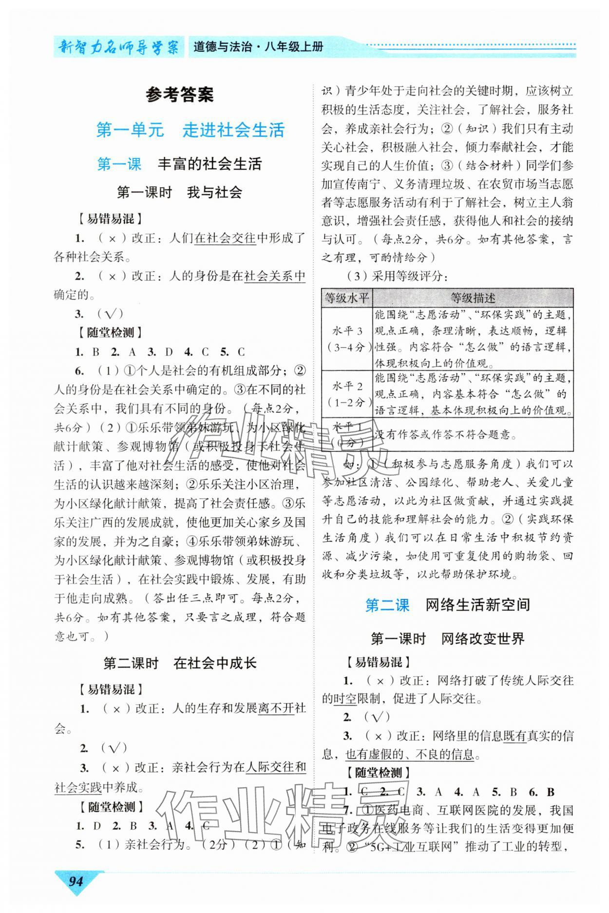 2023年新智力名師導(dǎo)學(xué)案八年級(jí)道德與法治上冊(cè)人教版 參考答案第1頁