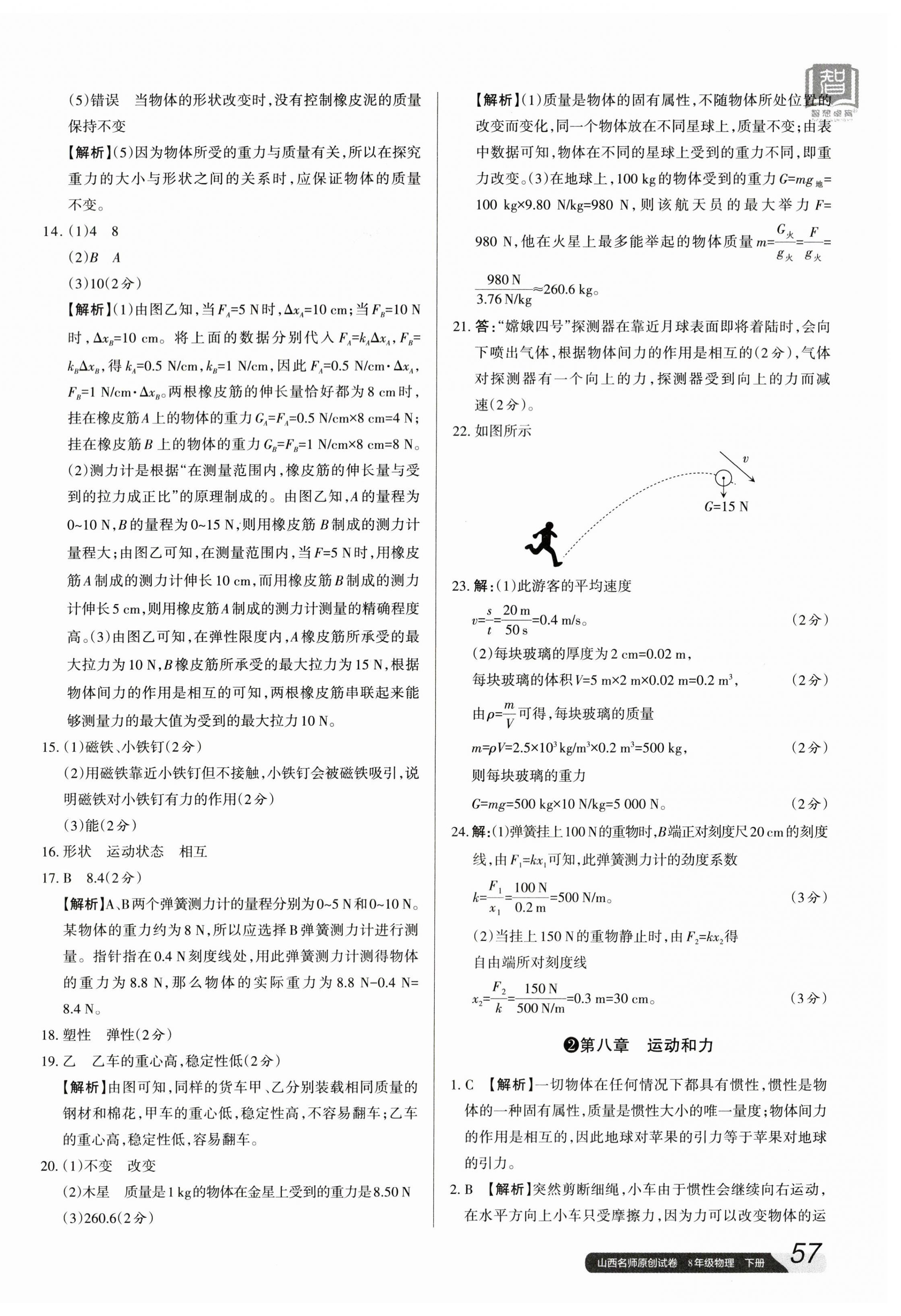 2024年山西名師原創(chuàng)試卷八年級物理下冊人教版 參考答案第2頁