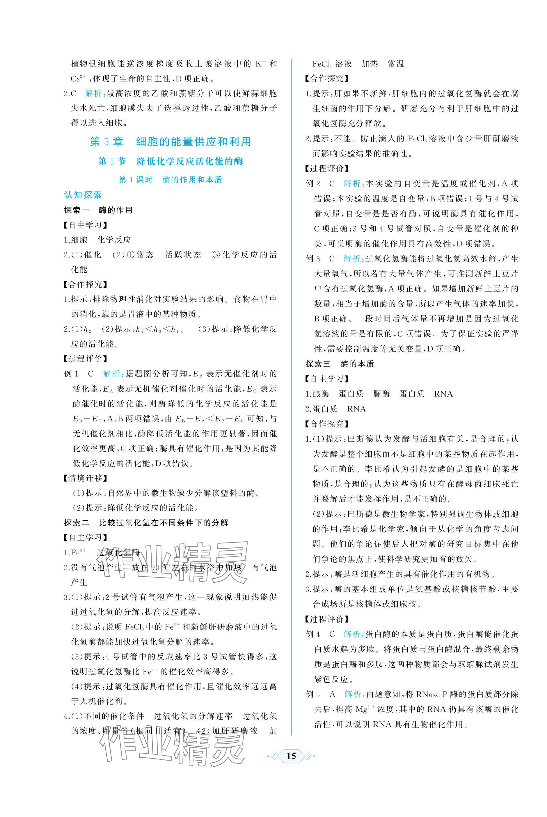 2024年同步解析與測評課時練人民教育出版社高中生物必修1人教版增強版 參考答案第15頁