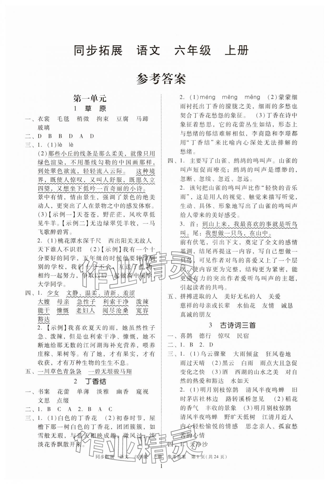 2025年同步拓展六年级语文上册人教版中山专版 第1页