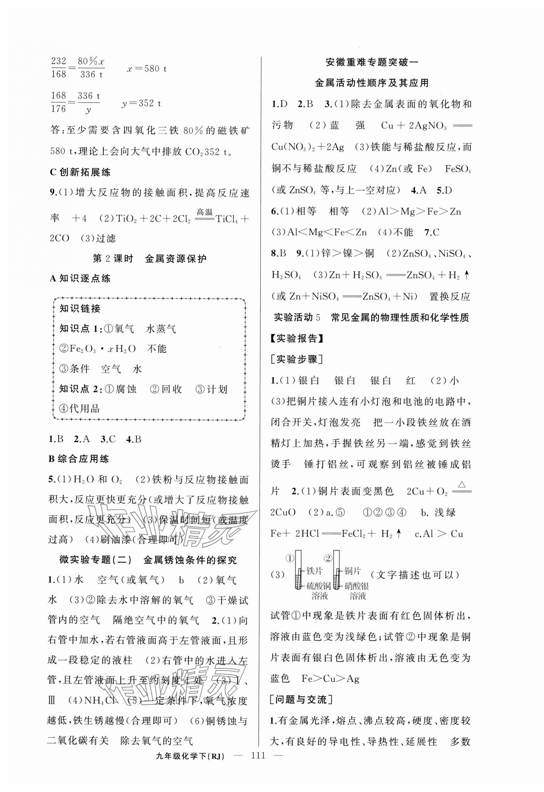 2025年同步作業(yè)本練闖考九年級化學下冊人教版安徽專版 第3頁