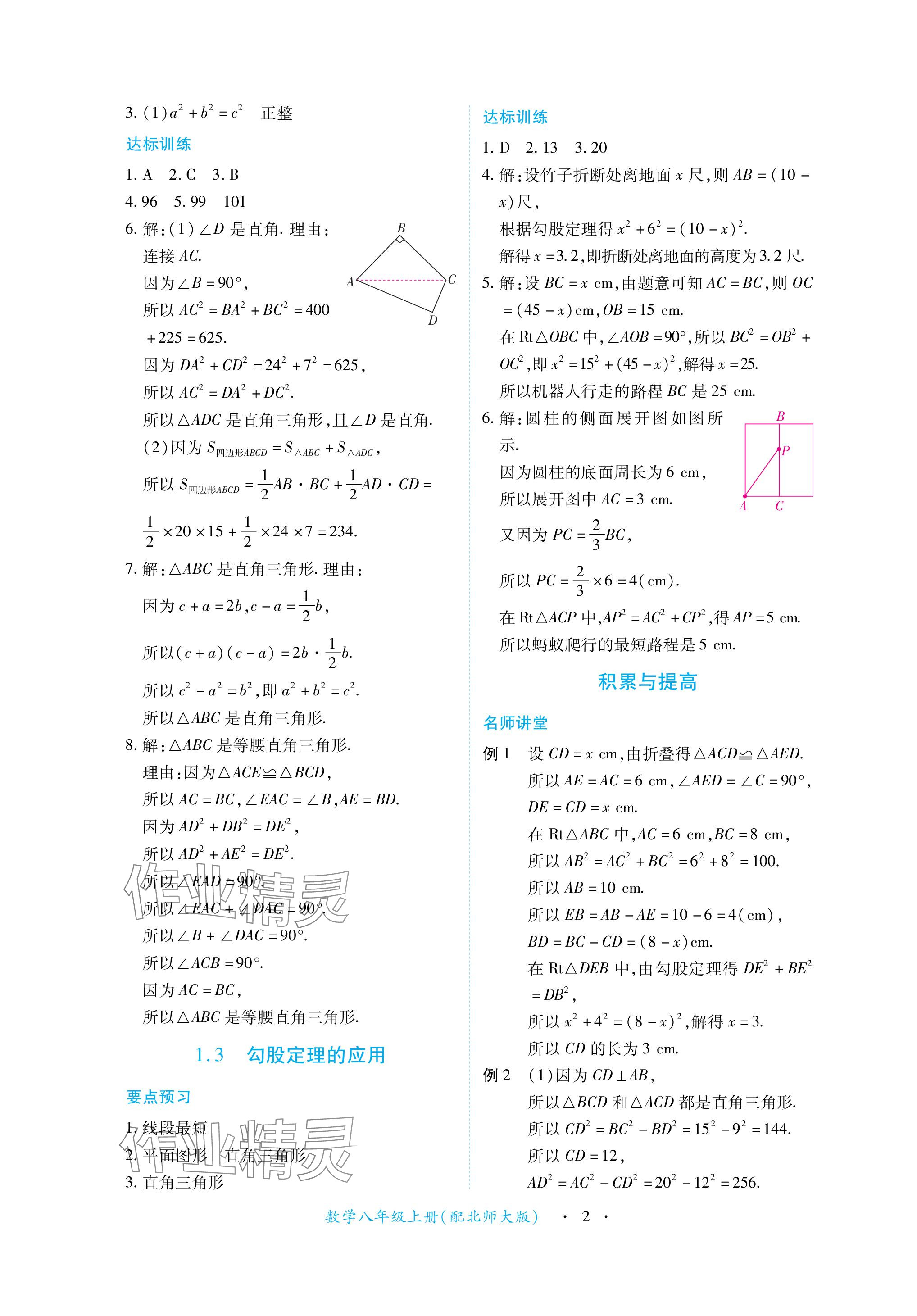 2023年一課一練創(chuàng)新練習(xí)八年級(jí)數(shù)學(xué)上冊(cè)北師大版 參考答案第2頁(yè)