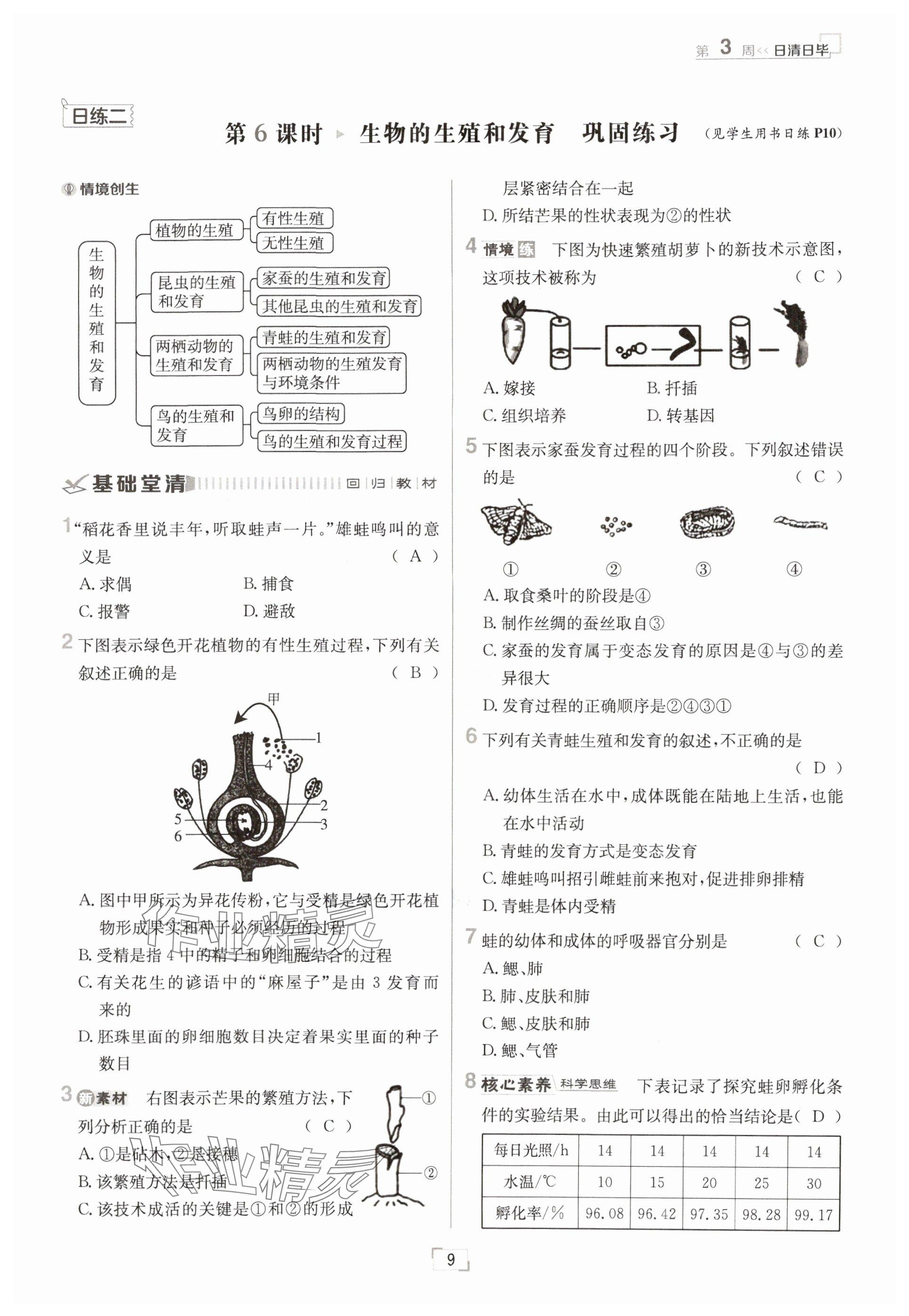2025年日清周练八年级生物下册人教版&nbsp;参考答案第9页