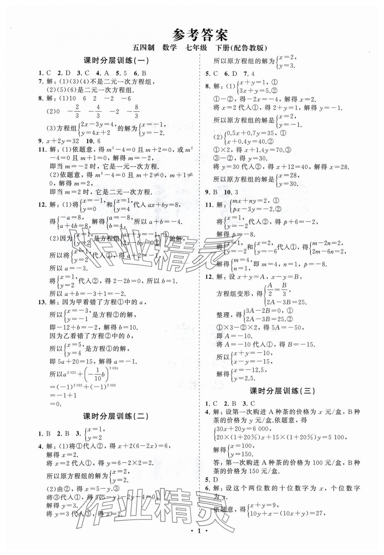 2024年同步練習(xí)冊(cè)分層卷七年級(jí)數(shù)學(xué)下冊(cè)魯教版54制 參考答案第1頁