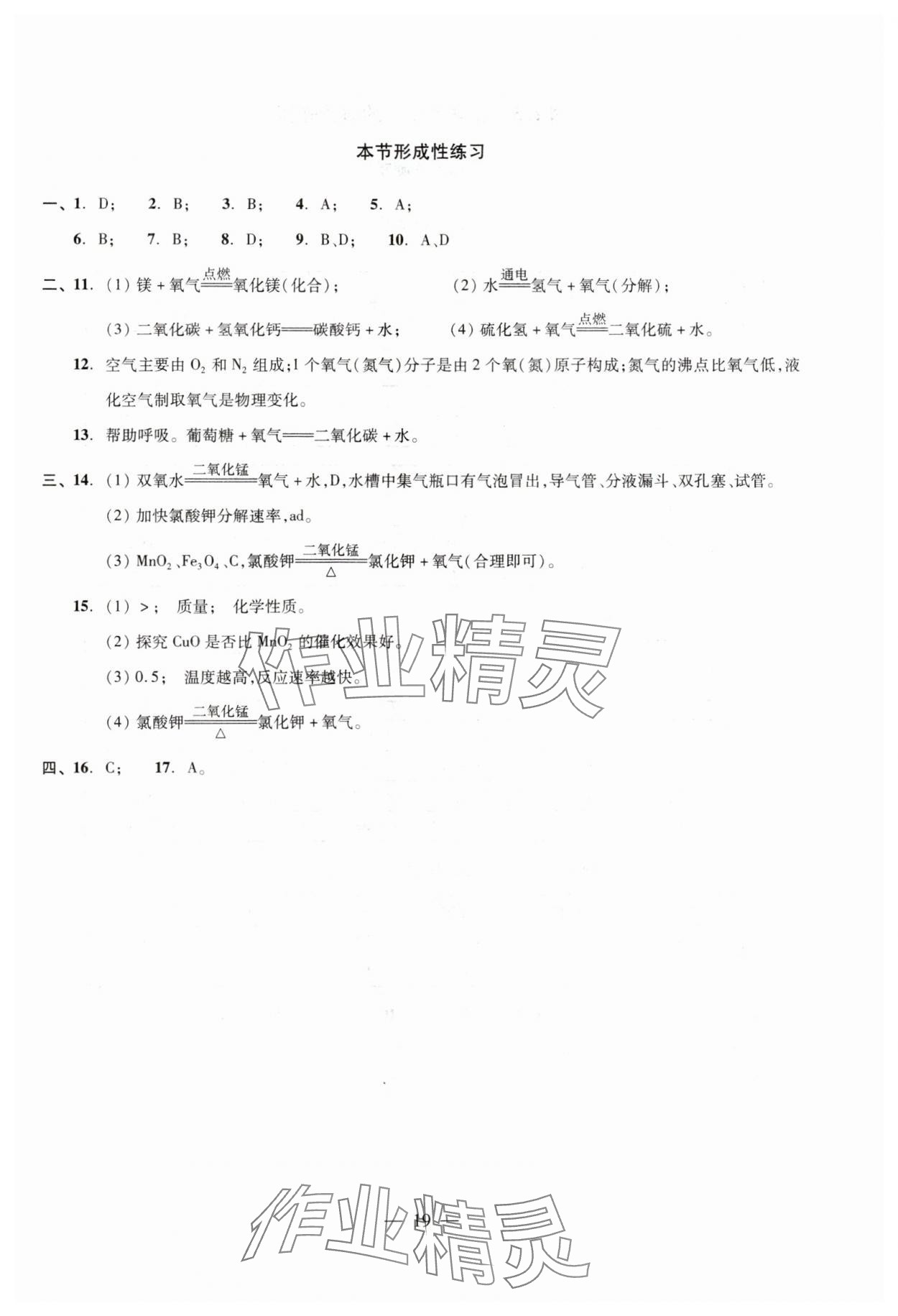 2024年双基过关随堂练九年级化学全一册沪教版 参考答案第19页