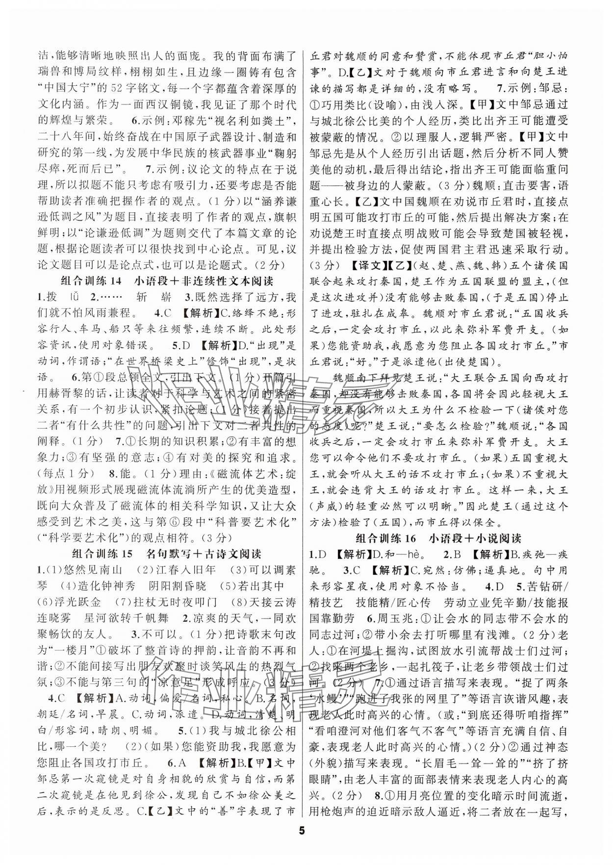 2024年语文花开现代文阅读九年级&nbsp;参考答案第5页